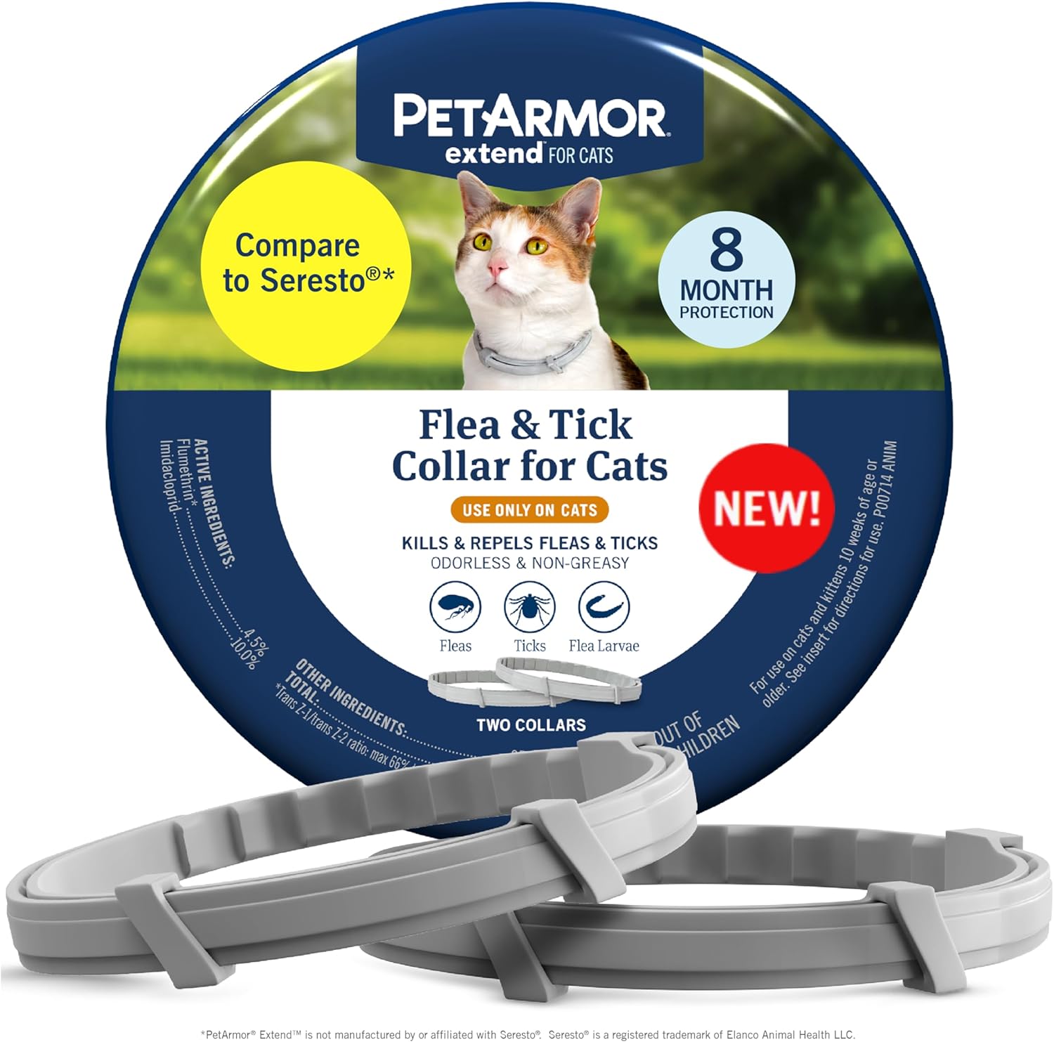 PetArmor Extend Cat Flea and Tick Treatment & Prevention Collar for Cats, 8 Months of Protection, Waterproof, Kills Fleas, Ticks, and Larvae, 2 Count