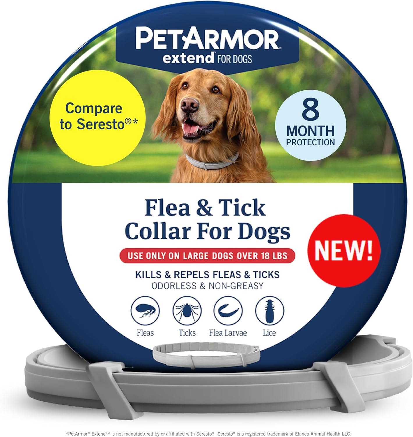 PetArmor Extend Large Dog Flea and Tick Treatment & Prevention, Collar for Large Dogs Above 18 lbs., 8 Months of Protection, Odorless & Non-Greasy, Waterproof, Kills Fleas, Ticks, and Larvae, 1 Count