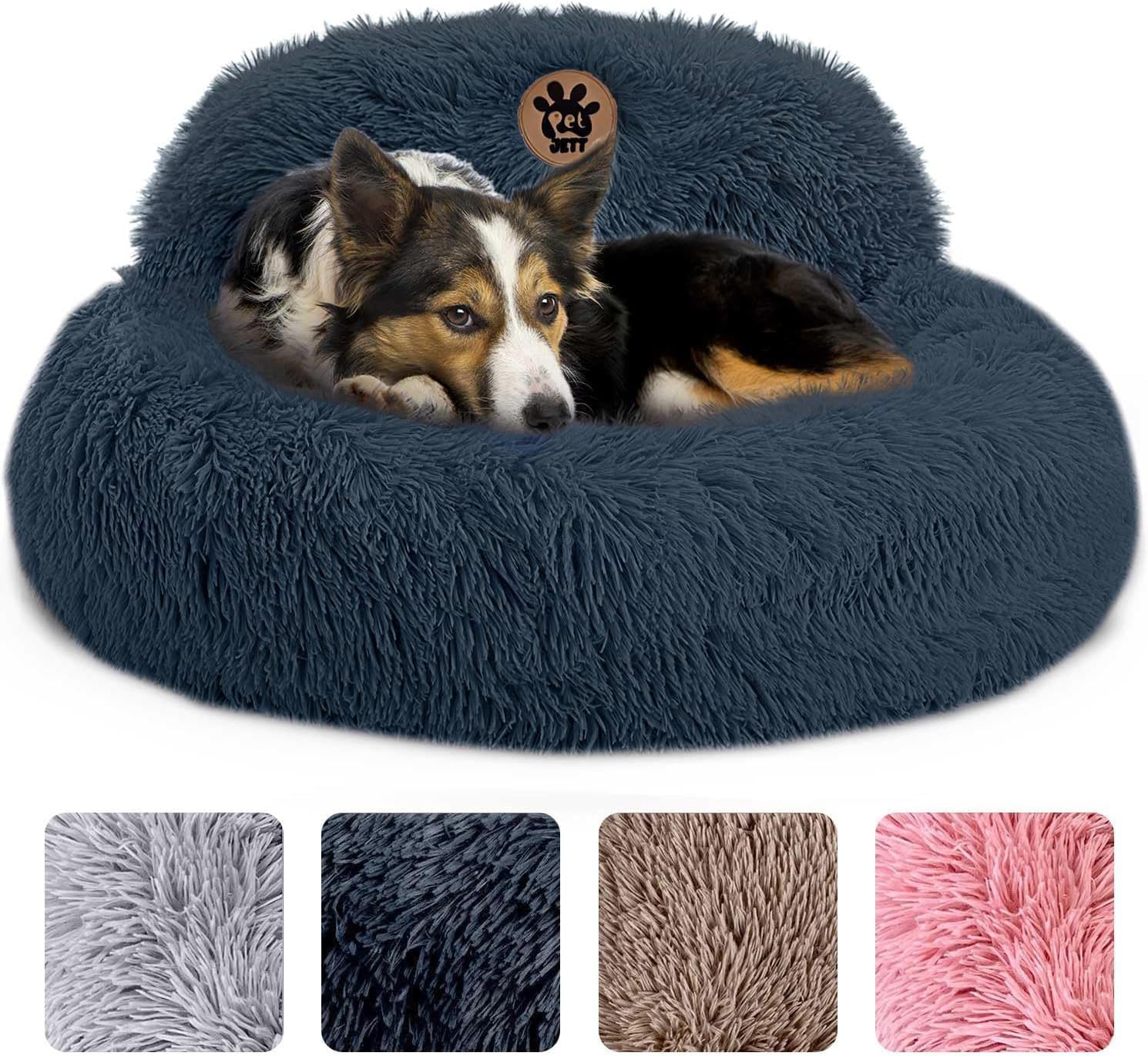 PetJett Calming Dog Bed Medium Size Dog – 30” Donut Bed, Washable Dog Bed, Anti-Slip & Super Soft Fluffy Plush Round Dog Bed, Anti-Anxiety Premium Comfort Pet Bed, Fits Dogs Upto 45 lbs – Dark Grey