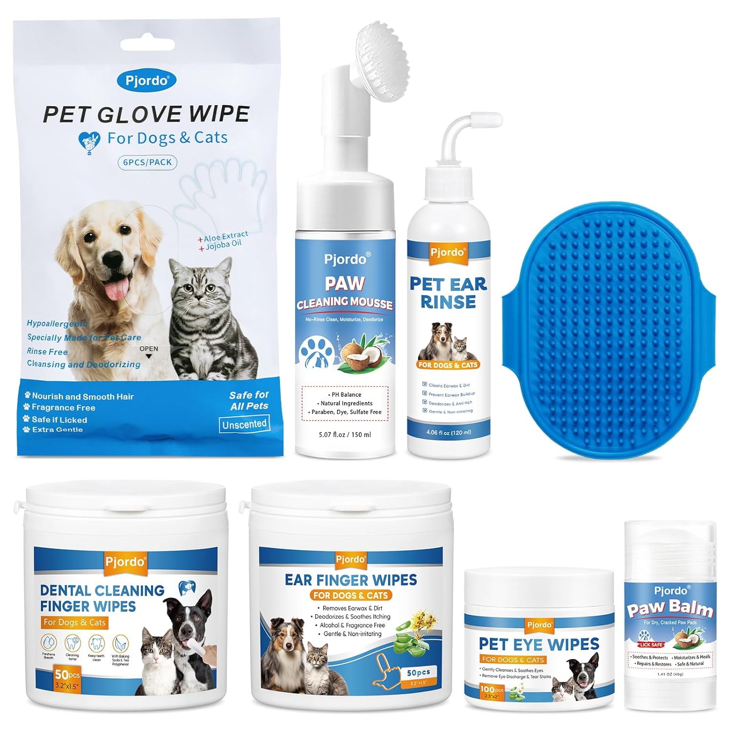 Pjordo Dog Wipes Cleaning Deodorizing, Grooming Wipes & Paw Cleaner, Pet Cleaning Kit for Teeth, Ears, Eyes, Paw, Body, Ear Rinse, Essential Dog Supplies Set