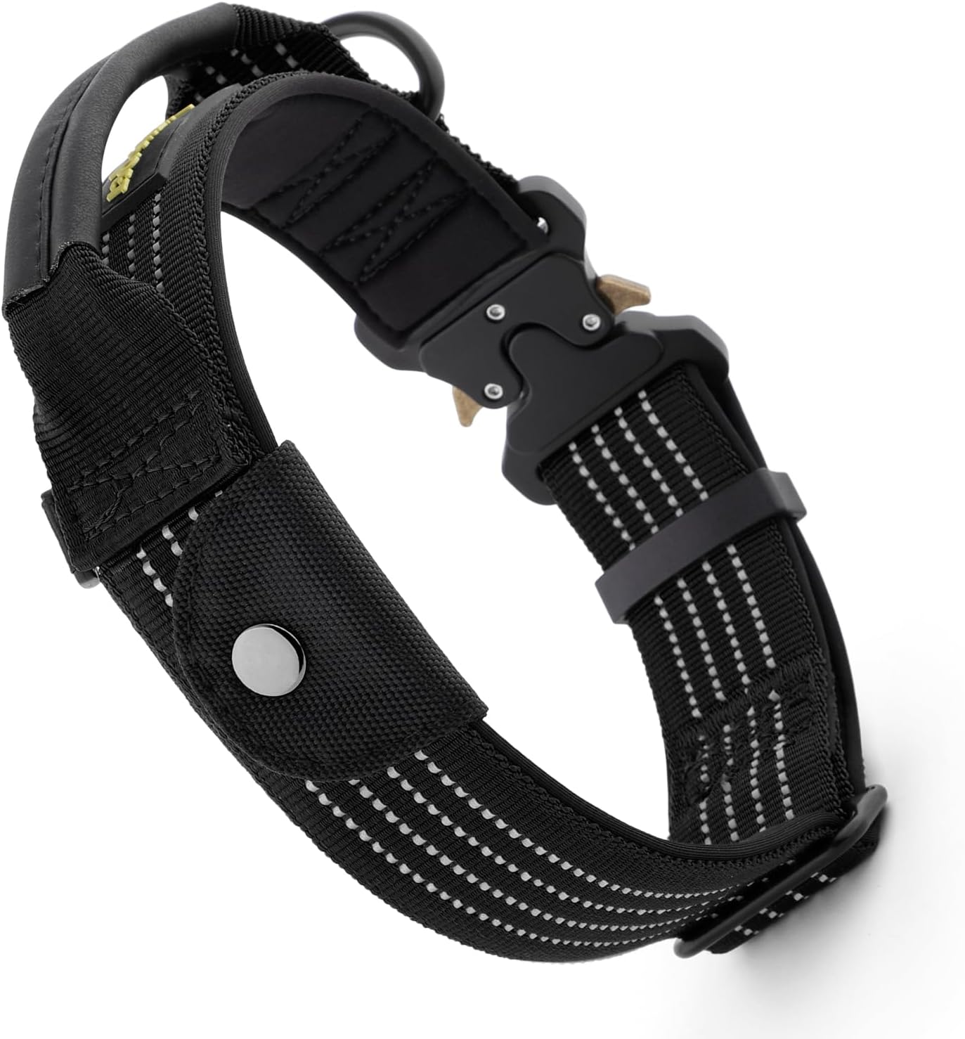 Plutus Pet Tactical Dog Collar with Tracker Pocket for AirTag, Adjustable Reflective Nylon Collar, Metal Buckle, Leather-Wrapped Handle, Soft Padded for Medium Large Dogs (Black, M)