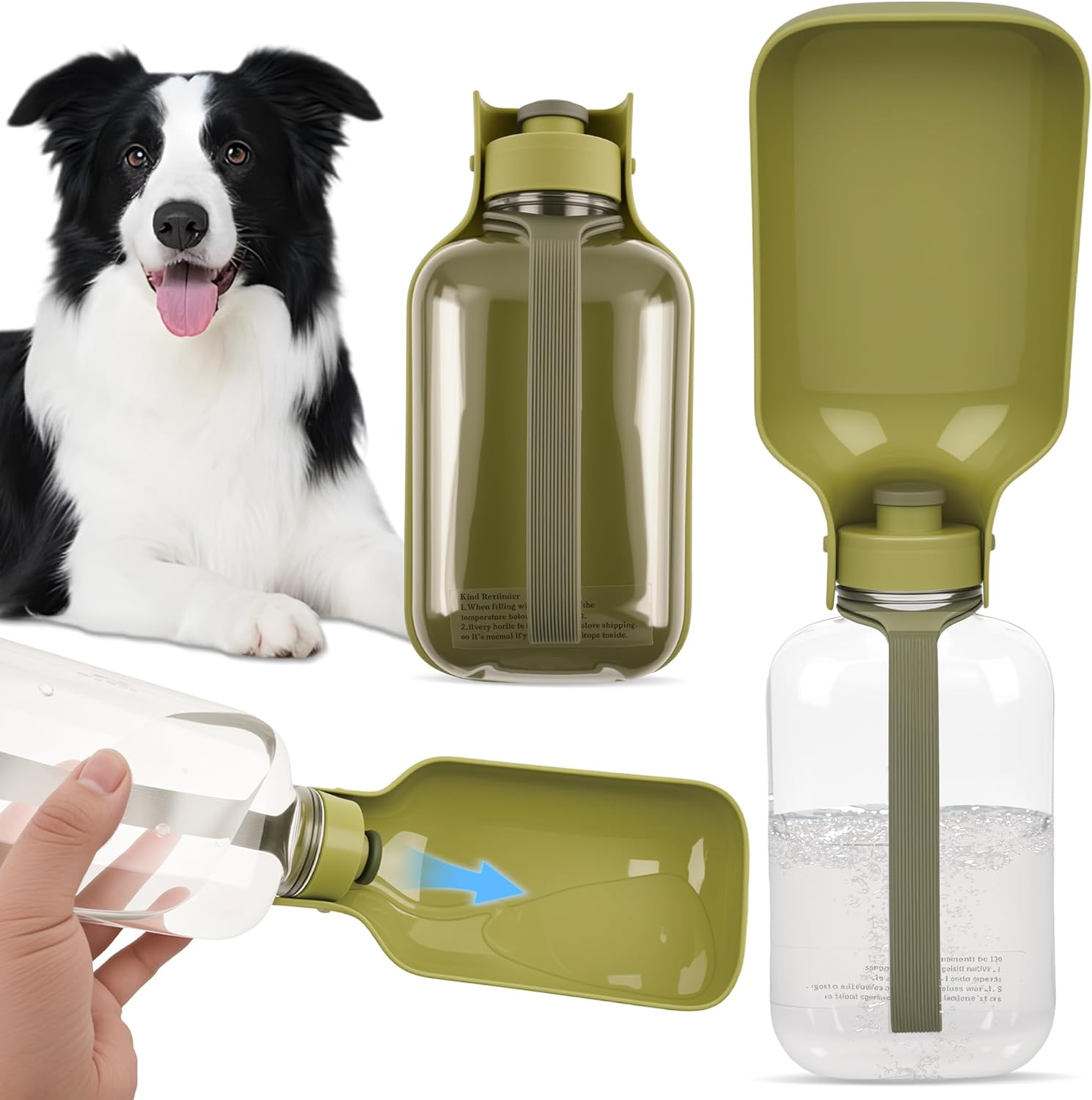 Portable Dog Water Bottle-18 Oz Leak-Proof Green Water Bowl Dispenser for Walk Hiking or Travel