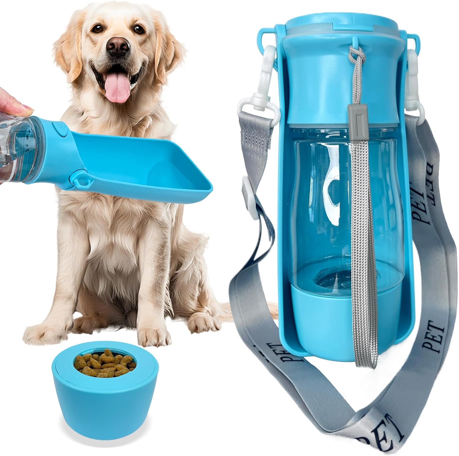 Portable Dog Water Bottle – 2-in-1 Dog Travel Water Bottle with Food Container & Bowl Dispenser, Leak-Proof, Lightweight, Ideal for Dog, Cat Walking, Hiking, Travel – 8 oz, Blue