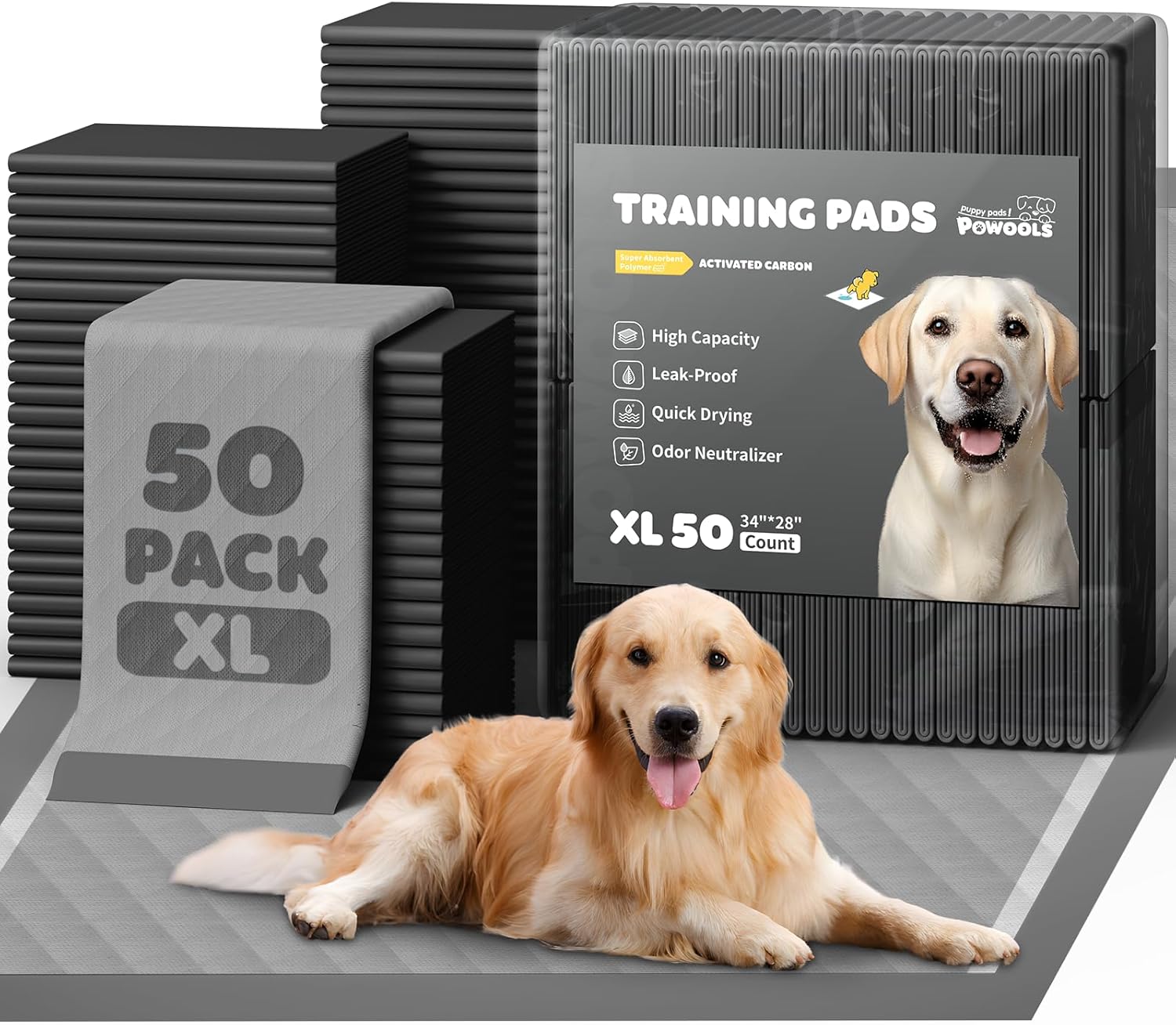 Powools Charcoal Puppy Pads – 50 Packs, 34″×28″ Ultra-Large Puppy Pads, Odor-Control Carbon Pee Pads for Dogs, 6-Layer Ultra-Absorbent & Quick-Dry Black Training Pads