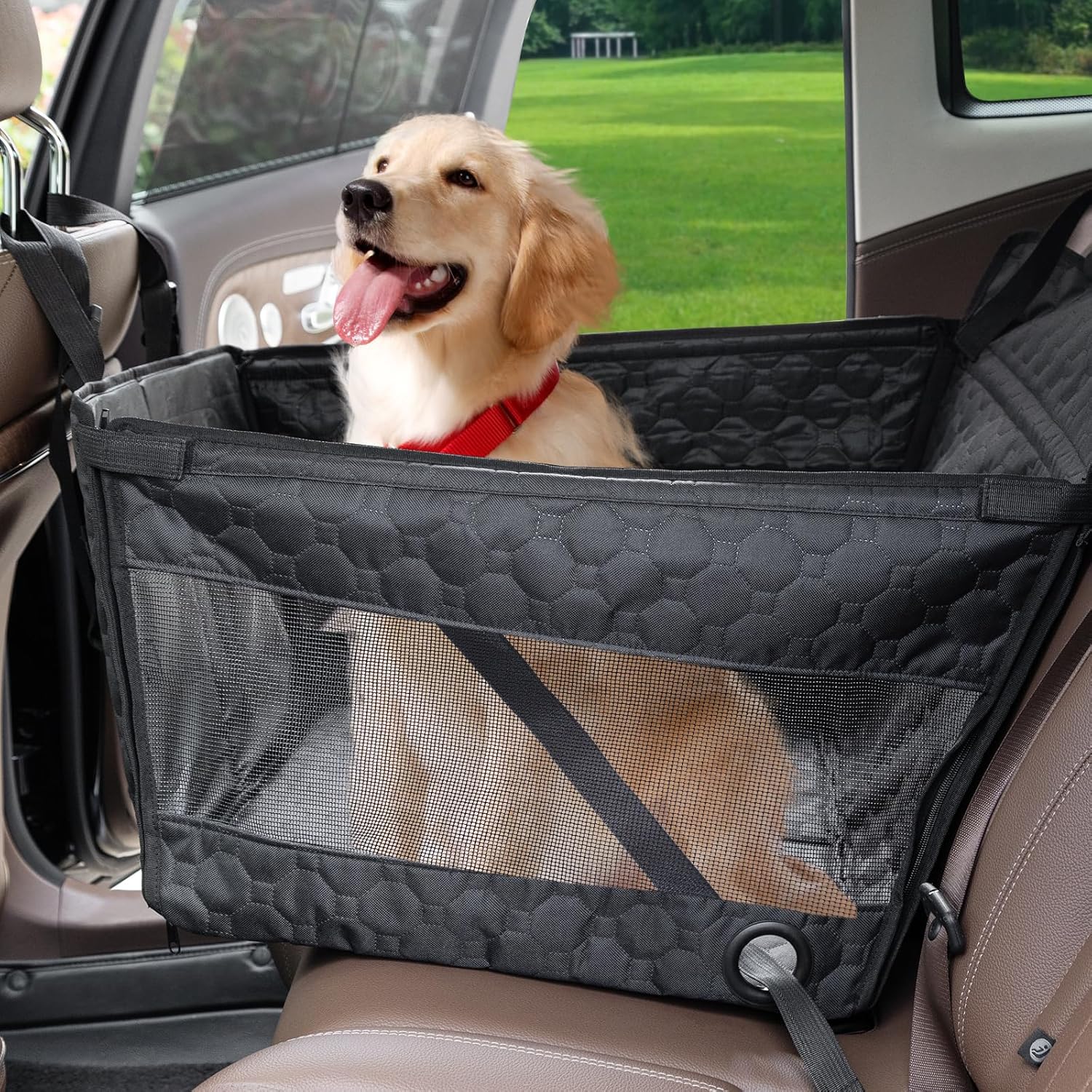 Prpeko Dog Car Seat for Large Dogs,Waterproof Fabric with Breathable Mesh&Adjustable Dog Seat Belt for Car,Dog Bed for Back Seat Up to 40 LB-Medium