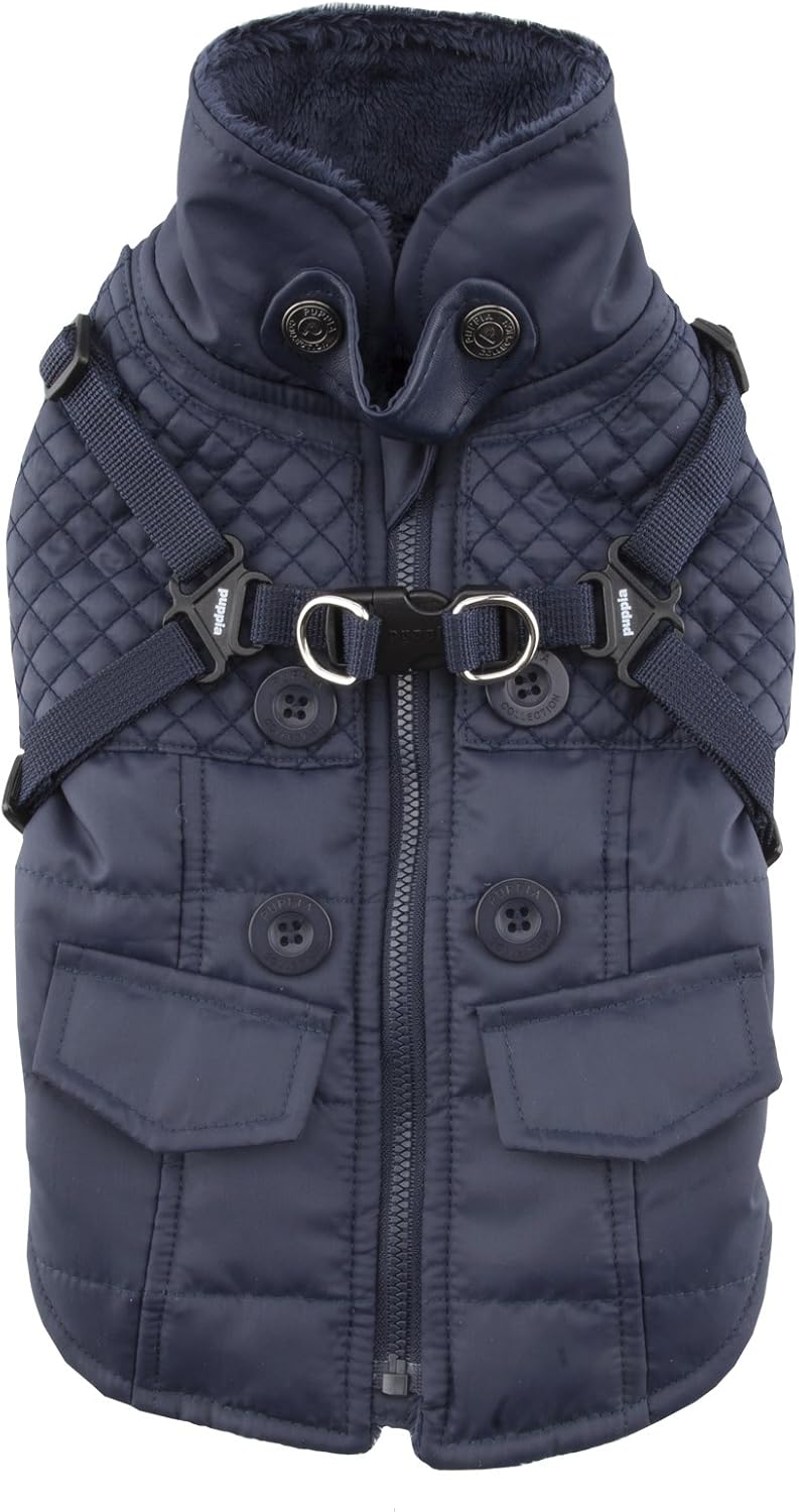 Puppia Wilkes Winter Dog Coat with Integrated Harness No Pull Cold Weather Waterproof Warm Fleece Back Zipper for Small & Medium Dog, Navy, Large