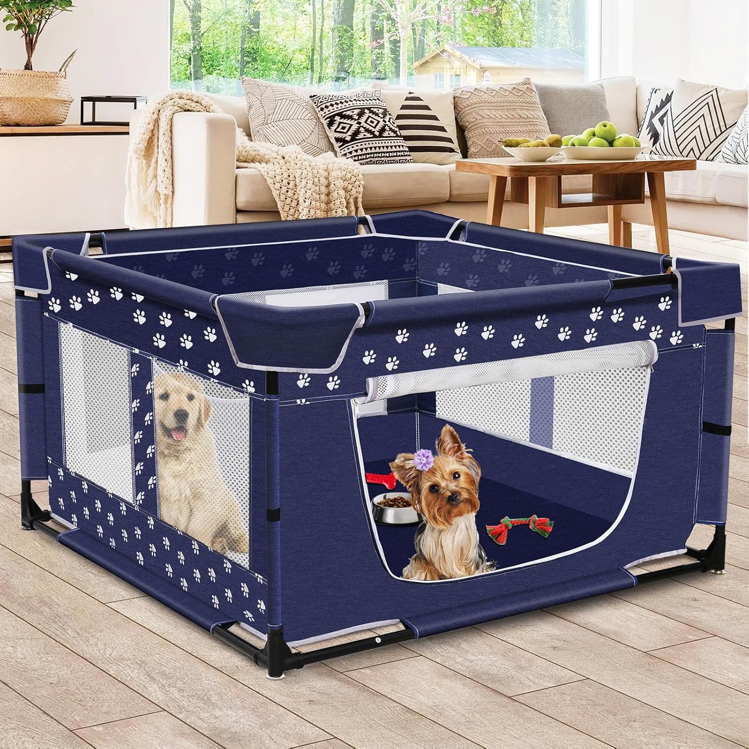 Puppy Playpen, 43.3×43.3 Inch Large Dog Play Pen for Small Pets Cats with Zipper Gate Dog Fence, Thickened Oxford Fabric Dog Playpen Indoor & Outdoor