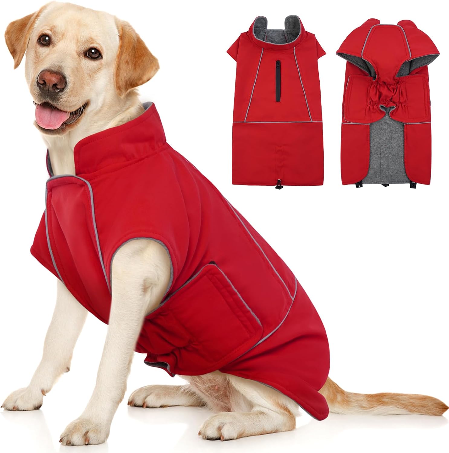 ROZKITCH Dog Rain Coat for Large Dogs, Waterproof Winter Jacket with Fleece Liner and Leash Hole Reflective Strip for Large Dog, Adjustable Hook & Loops Vest for Outdoor Hiking Travel Red 2XL