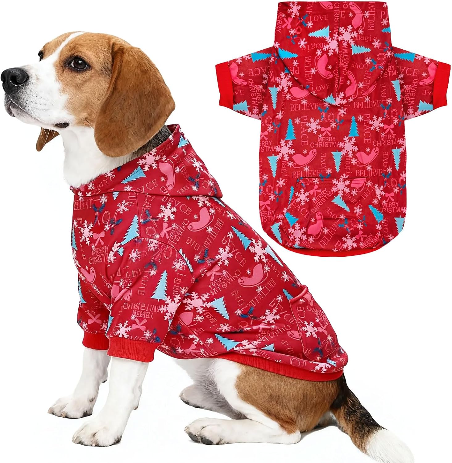 Red Christmas Dog Hoodie Soft Warm Fleece Lined Dog Sweater Hoodie with Leash Hole and Pocket Elastic Xmas Pet Coat Clothes Dogs Sweatshirt for Small Medium Large Size Dogs(Red B,Medium)