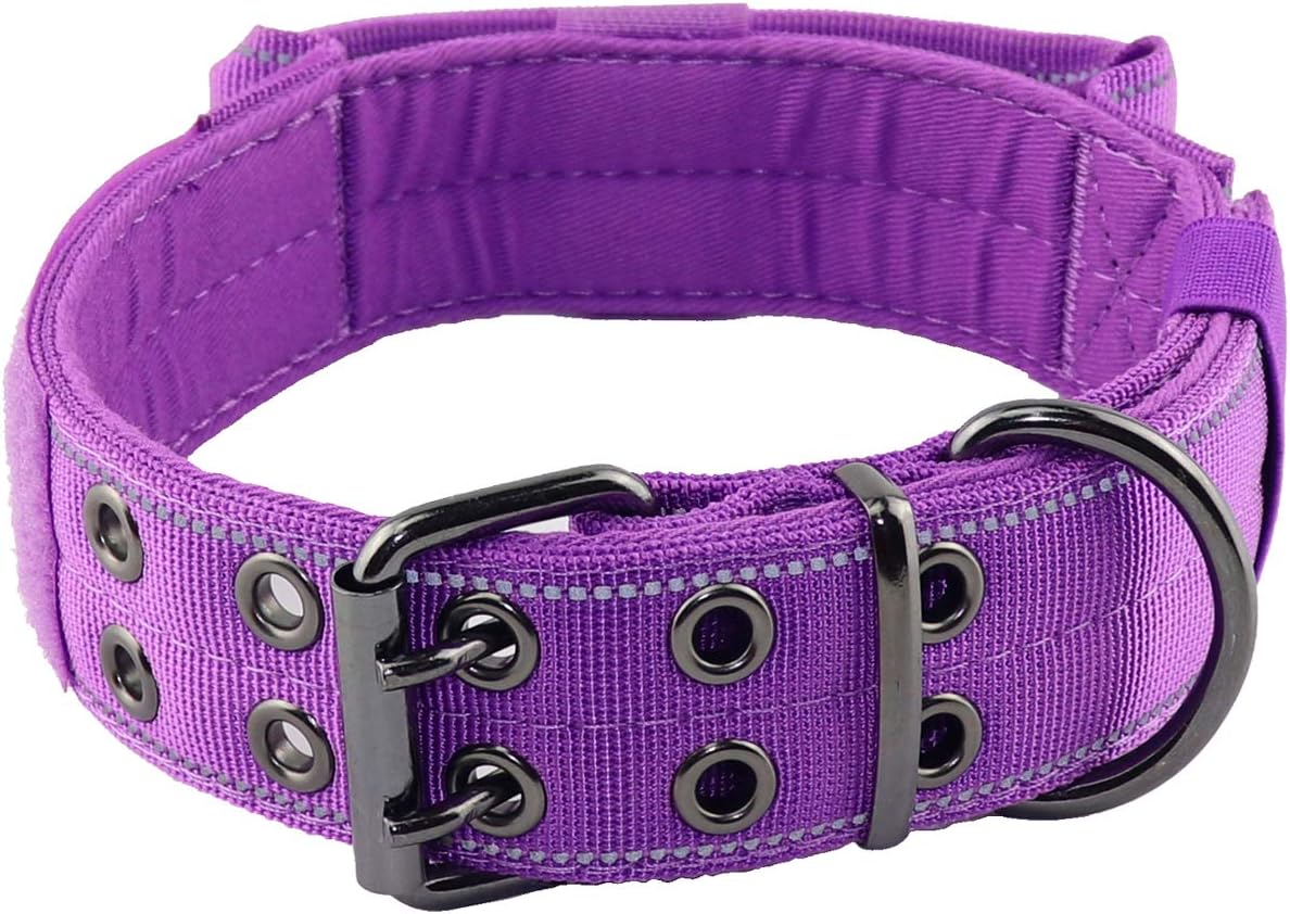 Reflective Dog Collar Heavy Duty Tactical with Control Handle and Metal Buckle for Dog Training(XL,Purple)