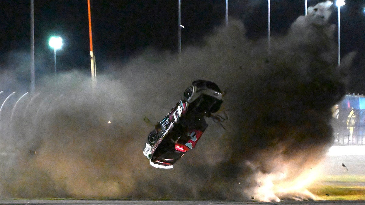 Ryan Preece barrel rolling along the back stretch at Daytona International Speedway