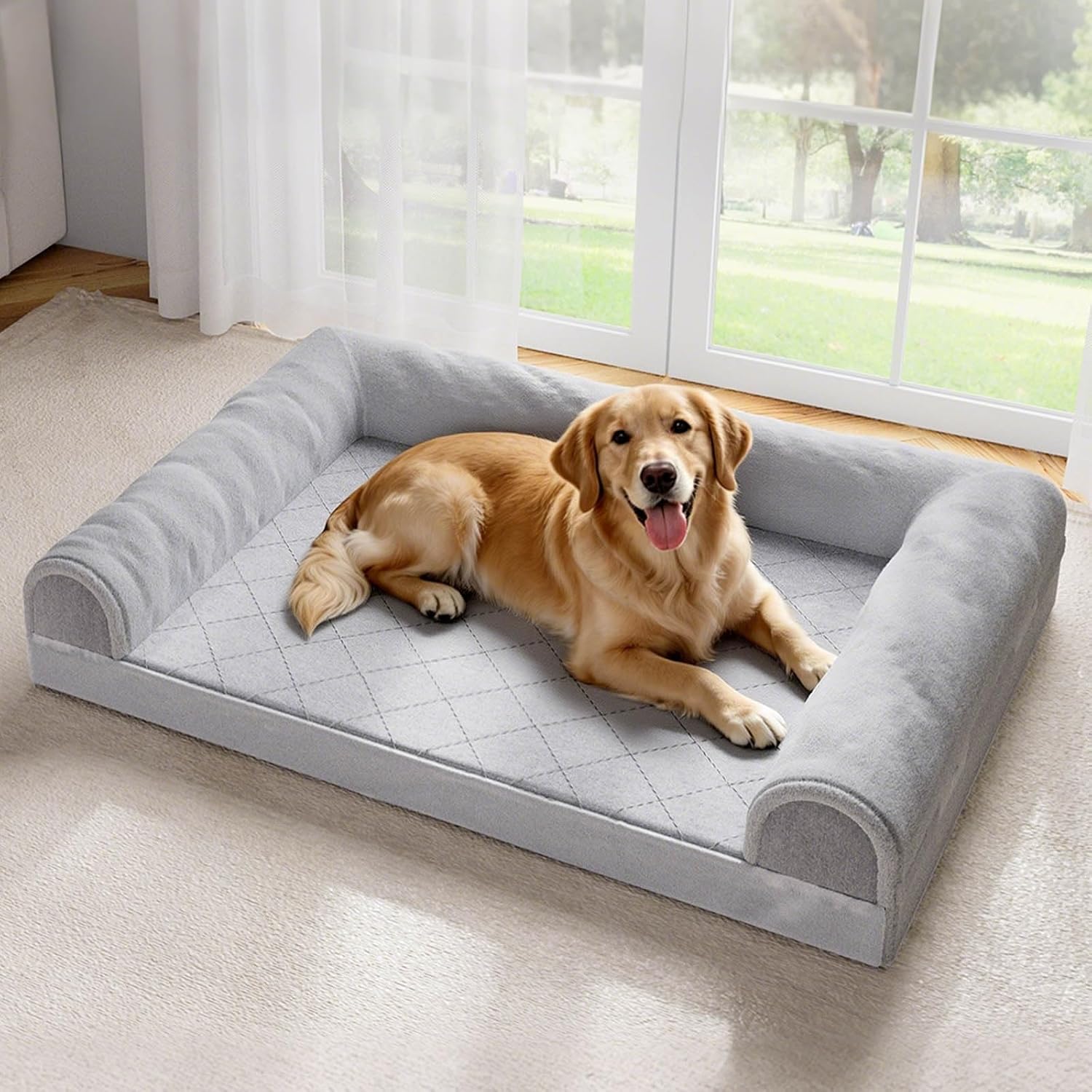 Simple Trending Orthopedic Dog Beds Large Sized, Dog Couch Sofa Bed with Washable Cover, Waterproof Egg-Crate Foam Pet Bed with Sides, Grey