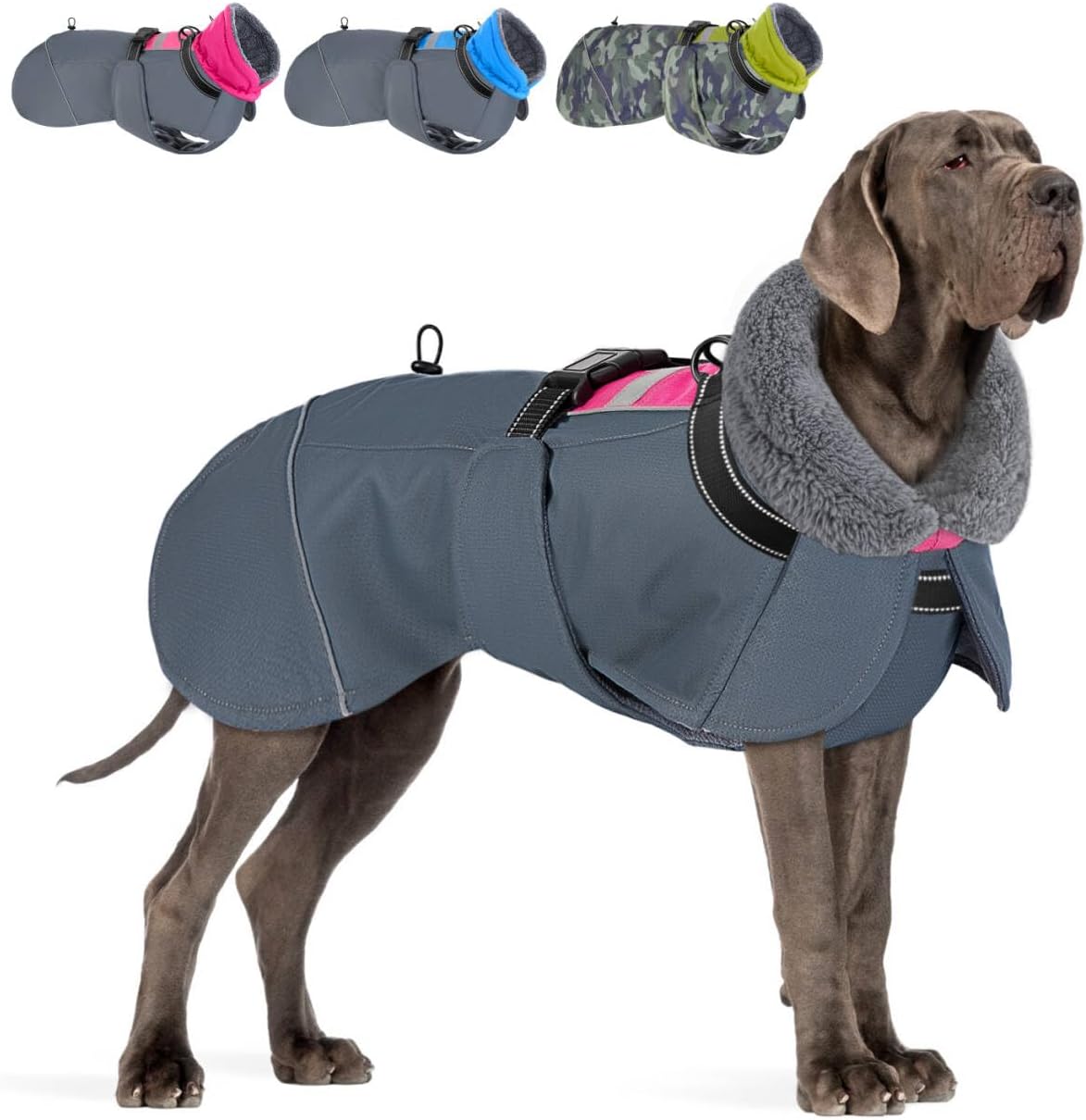 SlowTon Dog Winter Coat, Windproof 3 Layers Thick Warm Fleece Lining Dog Jacket for Cold Weather, Reflective Dogs Apparel with Leash Opening for Medium Large Dogs(Fuchsia,2XL)