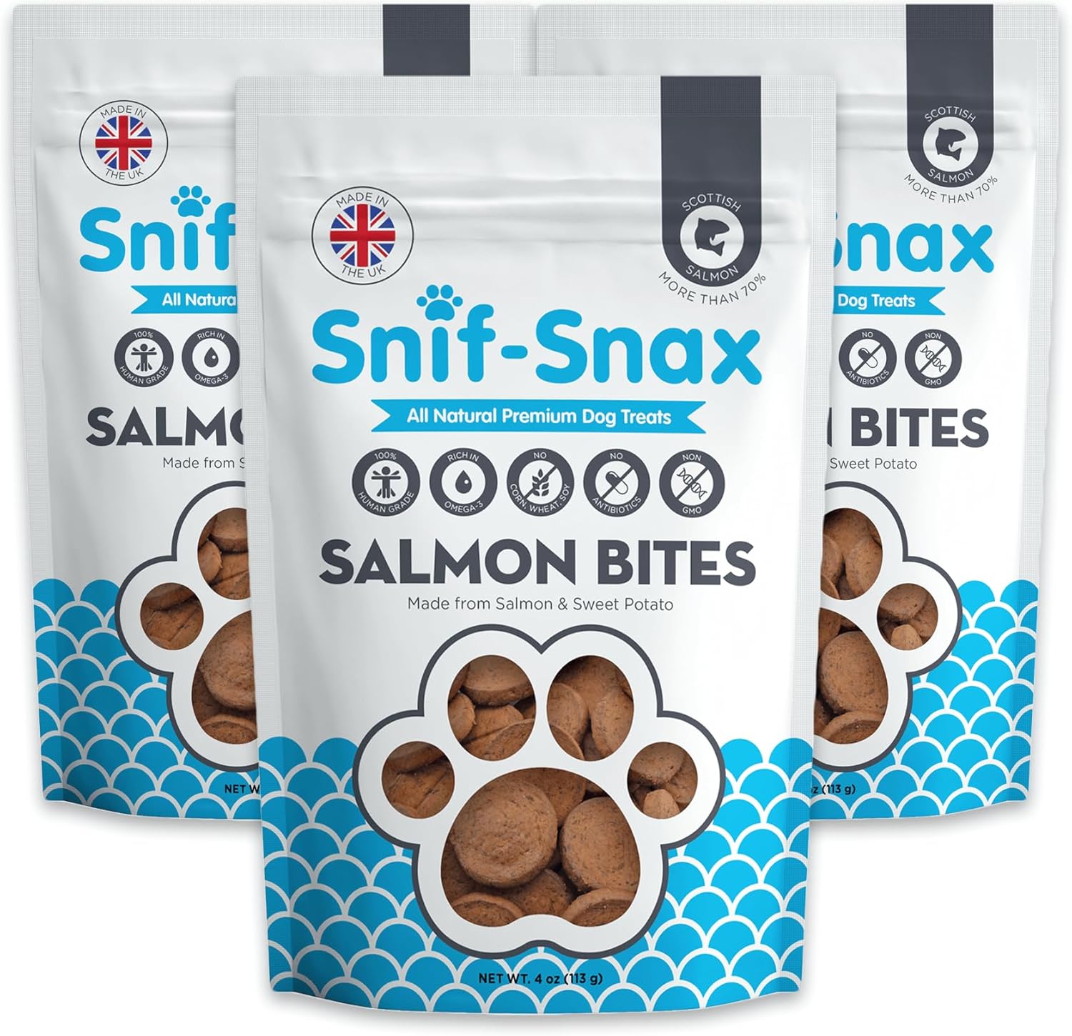 Snif-Snax Salmon Bites Dog Treats 3 Pack, All Natural Human-Grade Training Treats for Dogs, Healthy Grain-Free Puppy & Adult Rewards, Protein Rich Soft Salmon Snacks