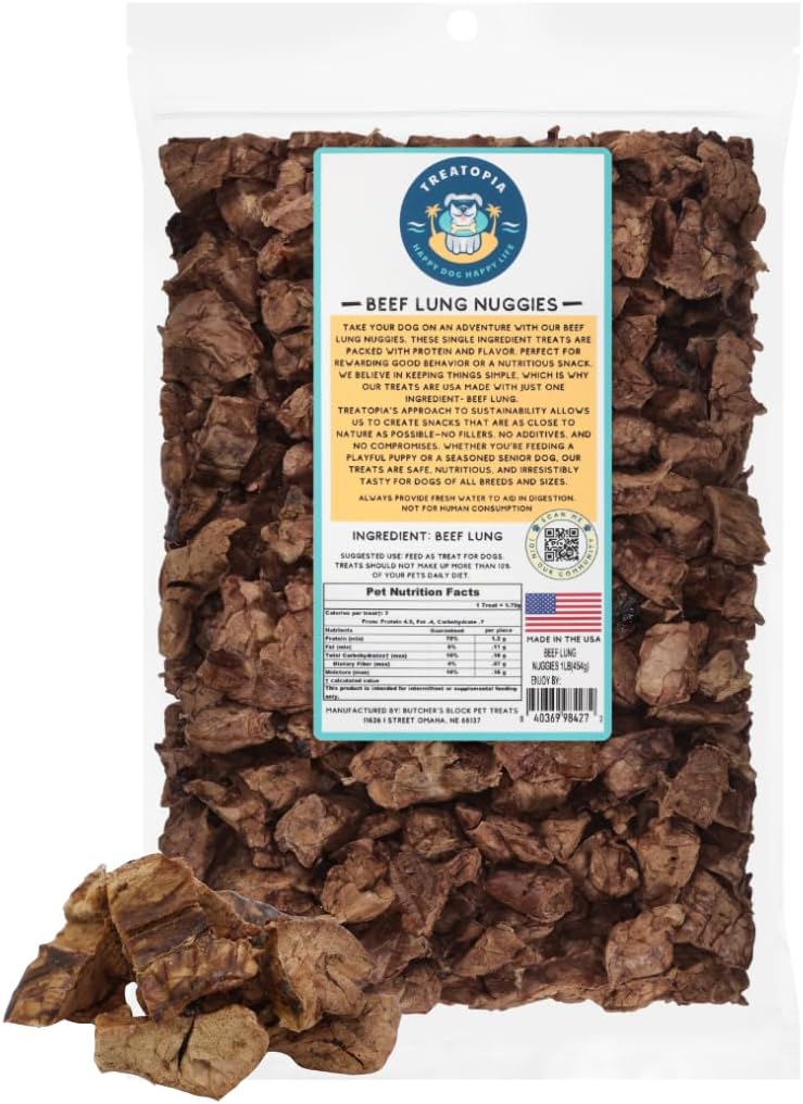 TREATOPIA Beef Lung Nuggies Dog Treats, 1 LB Bag – All-Natural, Sustainable, Healthy, High Protein, Hand-Trimmed, Slow-Roasted, Made in The USA, Nutritious, No Additives, No Fillers