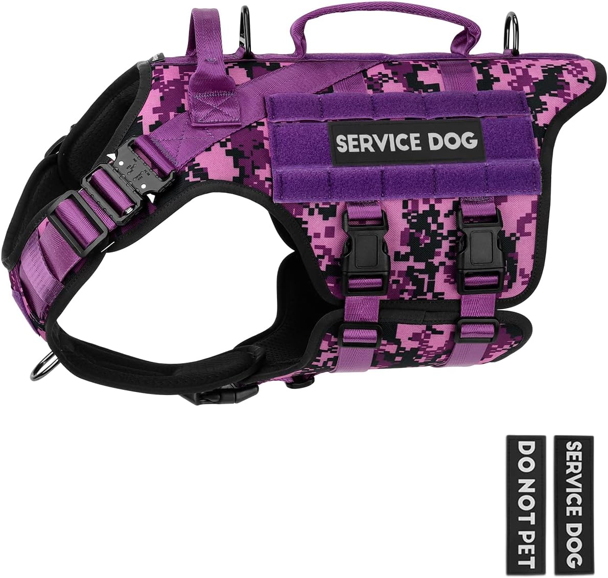 Tactical Dog Harness – PETNANNY Dog Harness Service Dog Vest for Large Breed Dog, Hook and Loop Panel for Service Dog Patchs, Work Dog MOLLE Vest with Handle for Walking Hiking Training(Purple Camo,L)