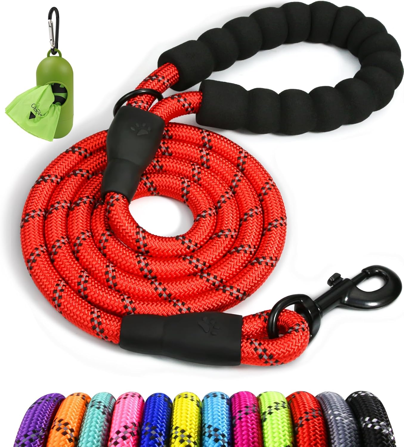 Taglory Rope Dog Leash 6 FT with Comfortable Padded Handle, Highly Reflective Threads Leash and Anti-Tangle Clip for Walking Medium Large Dogs, 1/2 inch, Red