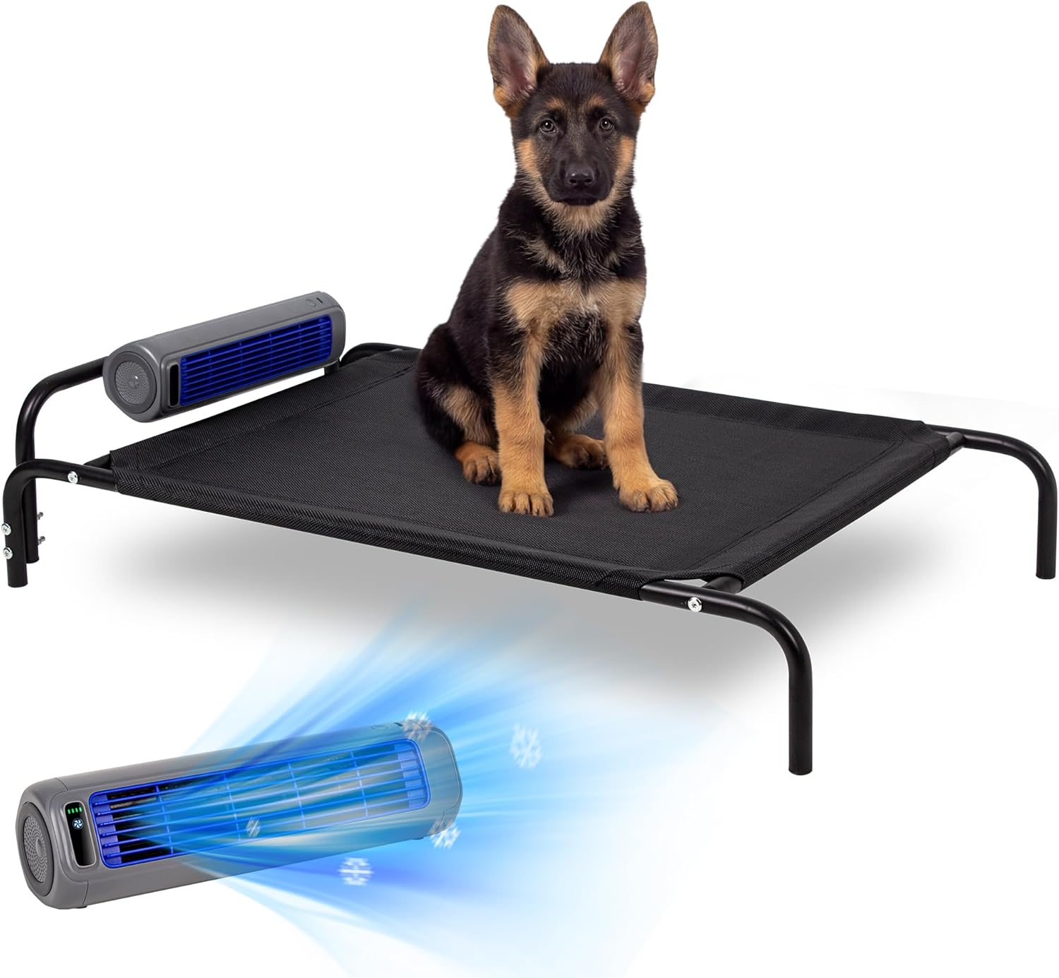 Tailwaggz Elevated Outdoor Dog Bed with Fan – Cooling Dog Bed for Large Dogs, Waterproof Cot Easy to Assemble, 3 Wind Speed, Raised Dog Bed with Washable Mesh Cover, Durable, Non Slip, Up to 85 lbs