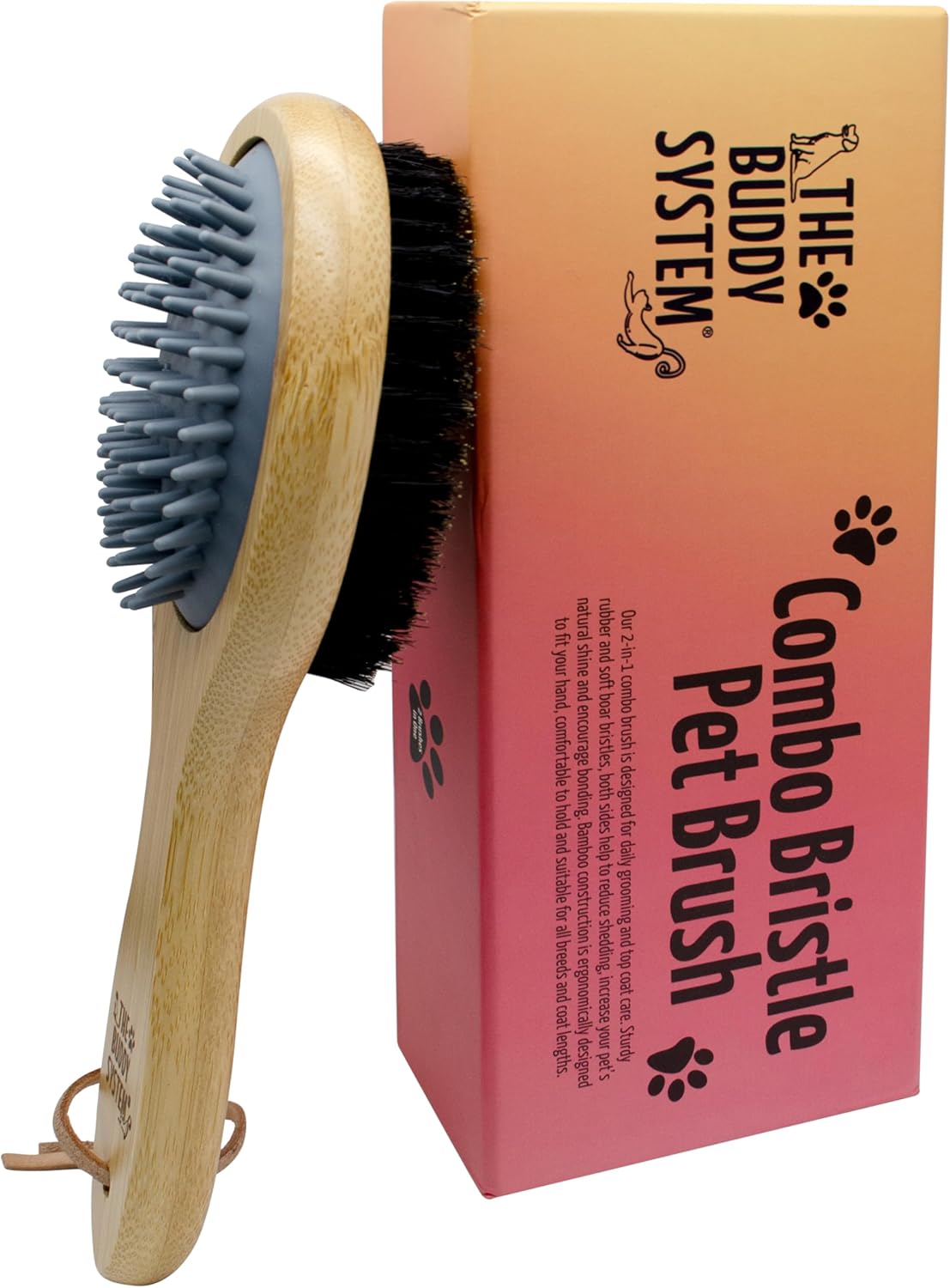 The Buddy System Combo Bristle Pet Brush, 2-in-1 Brush, Durable Rubber Side and Soft Boar Bristle Side – All Pets and Coat Lengths – Top Coat Massage for Cats & Dogs – 1 Pack