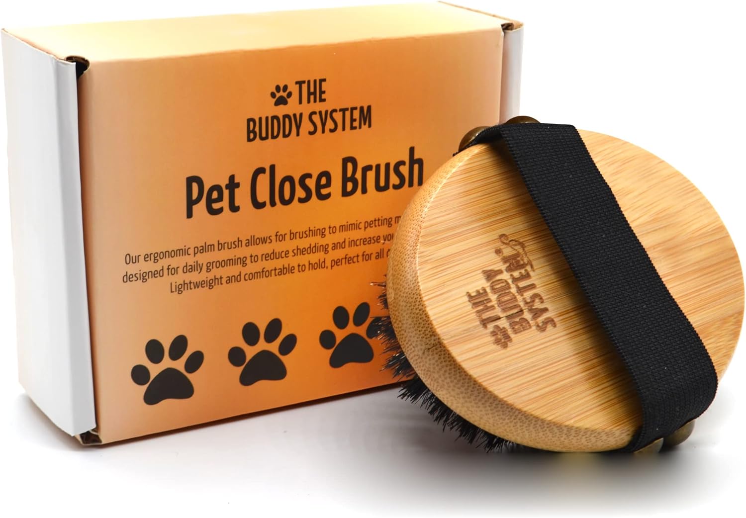 The Buddy System Pet Close Brush, Soft Touch Oval Palm Brush – Bamboo Massage Handheld with Soft Boar Bristles and Elastic Band for Dogs and Cats