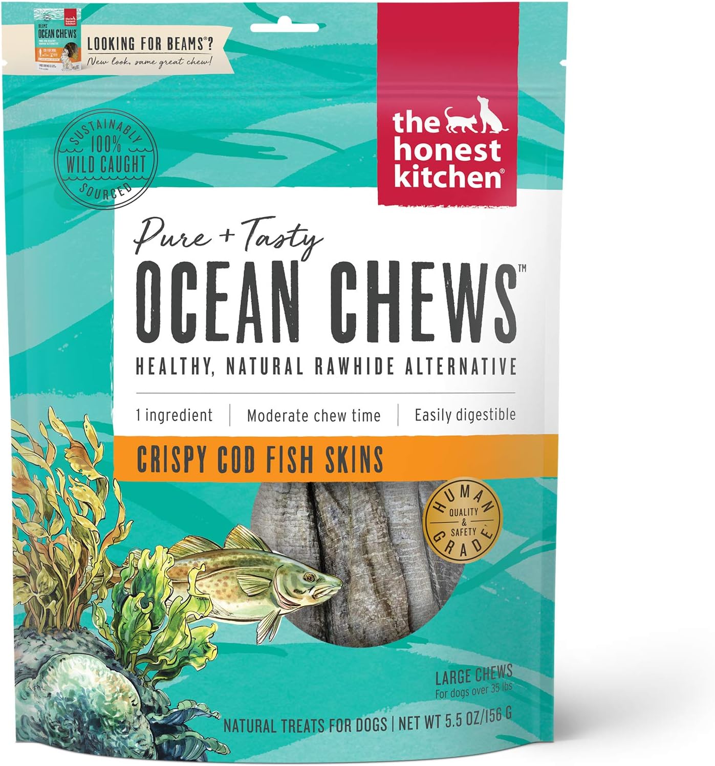 The Honest Kitchen Human Grade Ocean Chews Crispy Cod Fish Skins Dog Treats, 5.5 Ounces