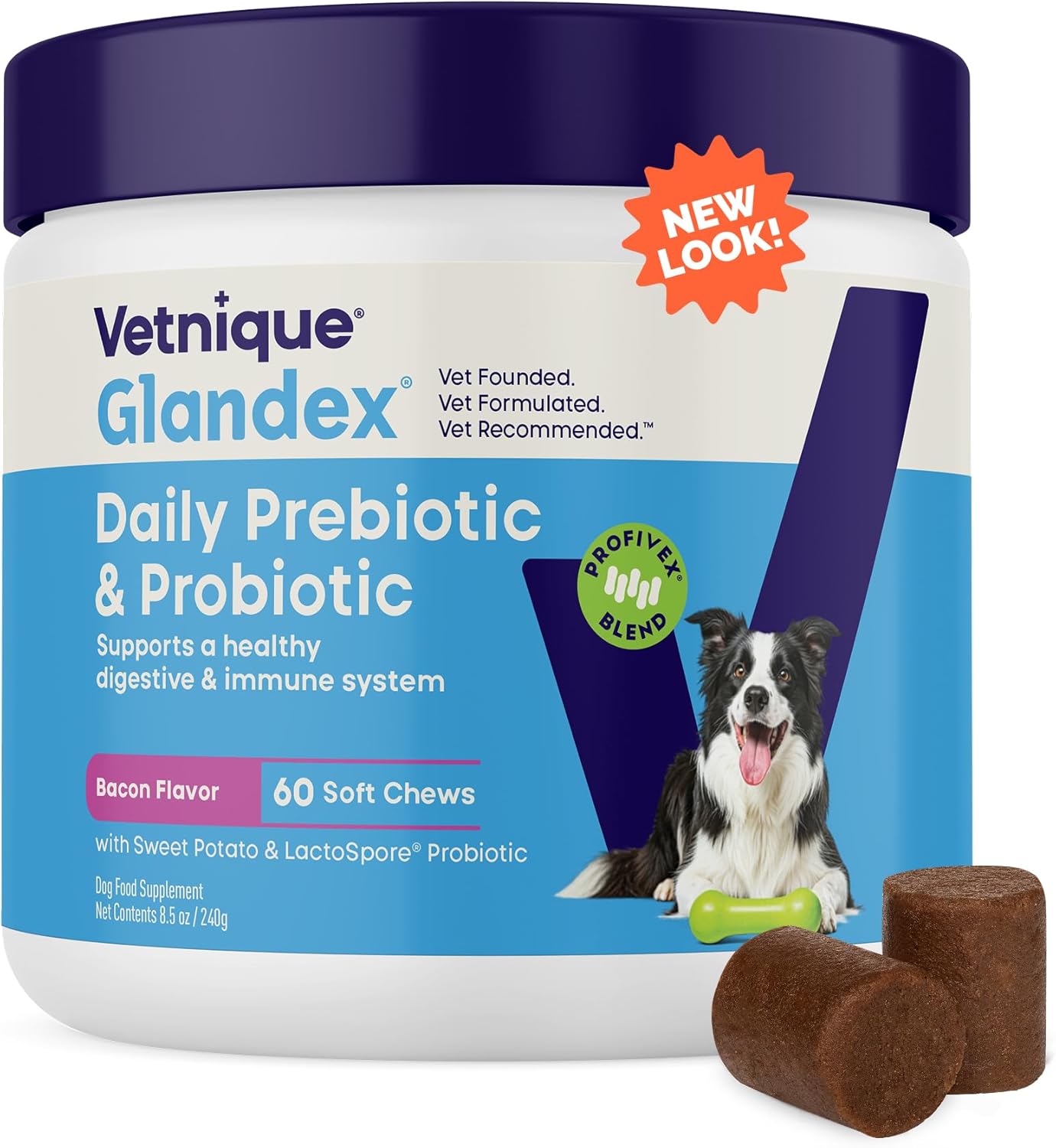 Vetnique Glandex Daily Probiotics for Dogs with Prebiotics to Support Gut Health, Diarrhea with Fiber and Digestive Enzymes, Dog Probiotic Chews or Powders (60ct Chews, Bacon Chews)