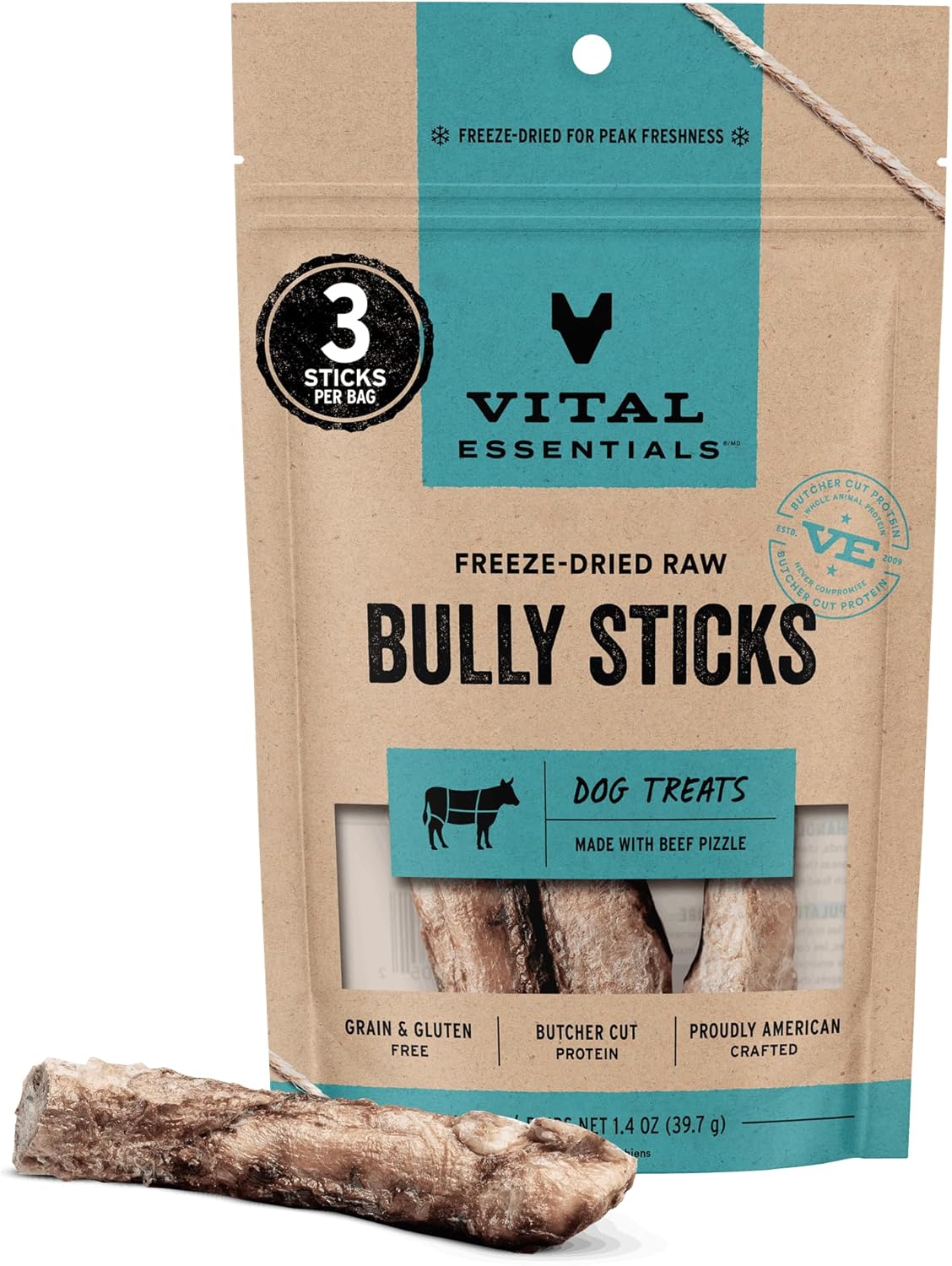 Vital Essentials Freeze Dried Bully Sticks Dog Treats | Premium Quality, Long Lasting | Grain Free Treats for Dogs, (3 Count) 1.4 oz Bag