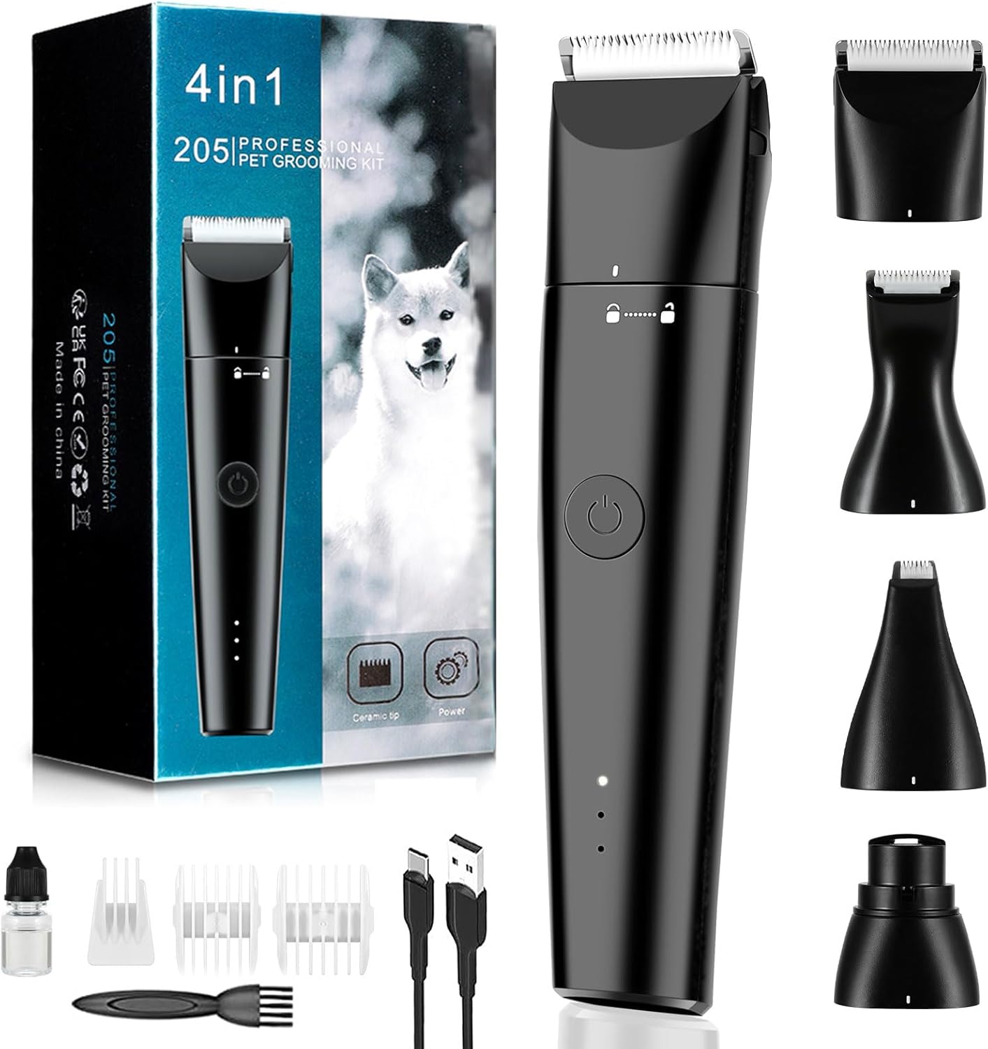 Vitoki Dog Grooming Clippers 4 in 1 Pet Grooming Kit,2-Speed Cordless Dog Clipper with Nail Grinder,USB-C Rechargeable Paw Trimmer for Small Pets, Dogs, Cats,Black
