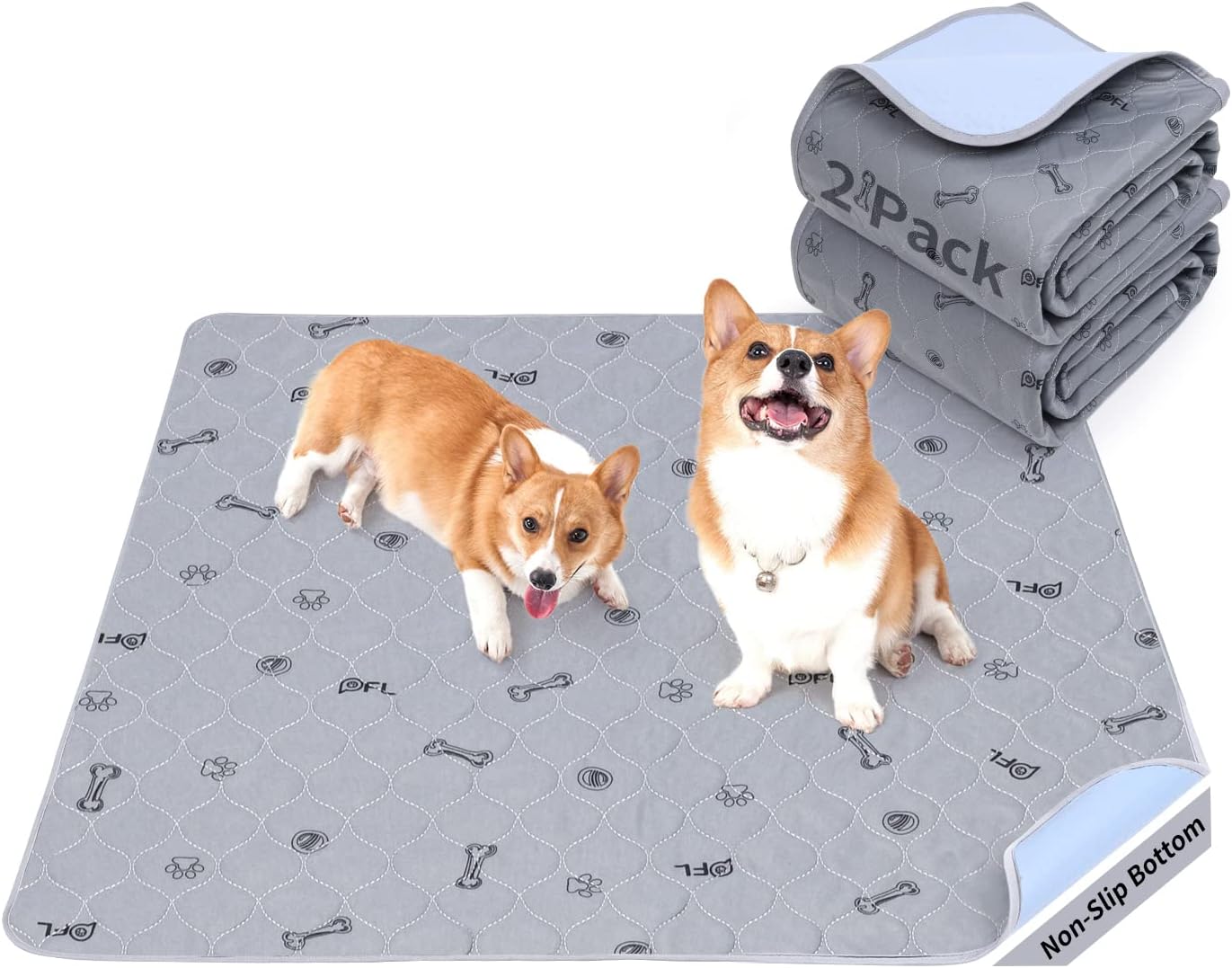Washable Pee Pads for Dogs, 2Pack Reusable Puppy Pads, Absorbent Whelping Pads with Bone Print, Non-Slip Waterproof Pet Training Pads for Couch, Crate, Potty Training 18×24