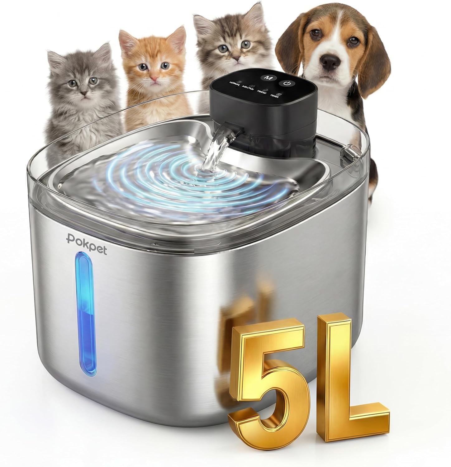 Water Fountain for Cats & Dogs 5L/169fl.oz Stainless Steel Wireless Cordless Pet Drinking Water Dispenser Cat Fountain for Indoor Outdoor &1Filter