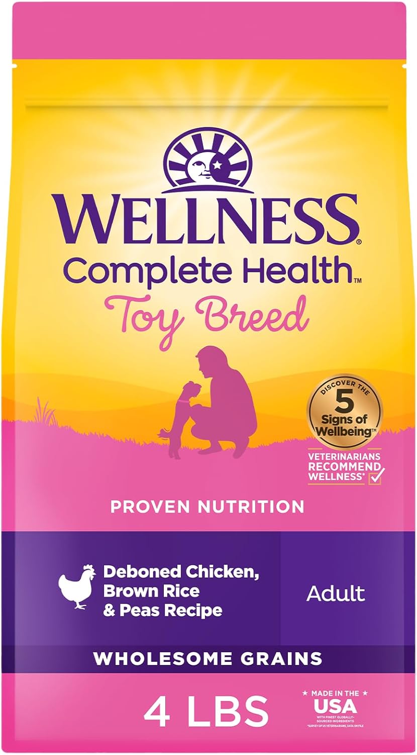 Wellness Complete Health Toy Breed Adult Dry Dog Food, Wholesome Grain Kibble, Natural, Chicken, Brown Rice, and Peas Recipe, 4 lb Bag