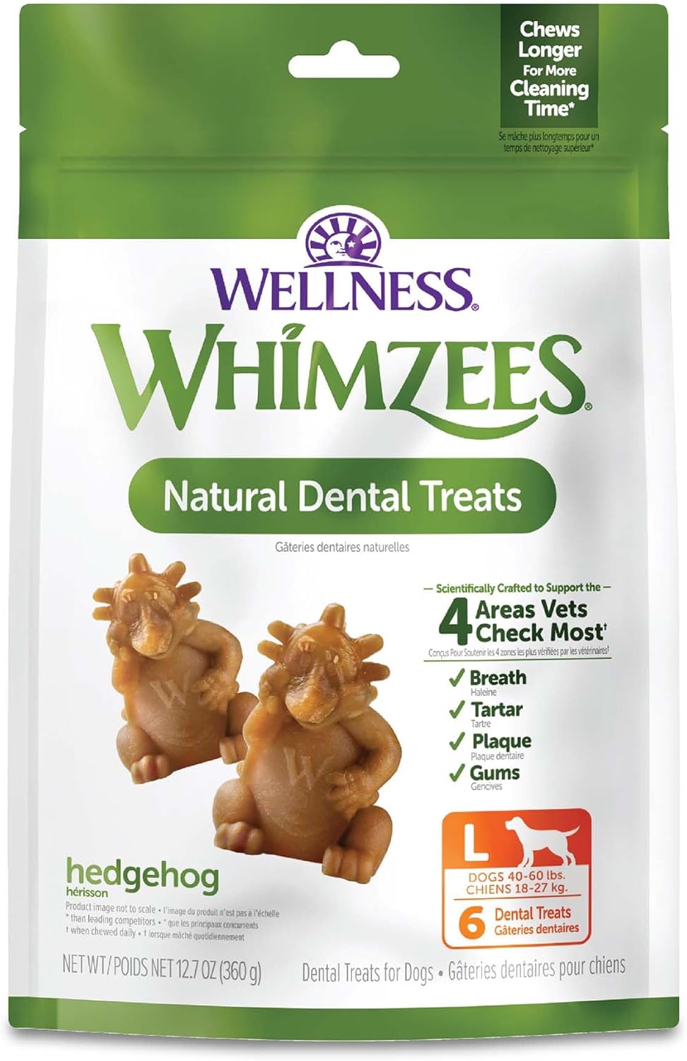Wellness WHIMZEES Hedgehog Dog Dental Treat, Chews, Freshens Breath, Large Size, 12.7 oz Bag, 6 Count