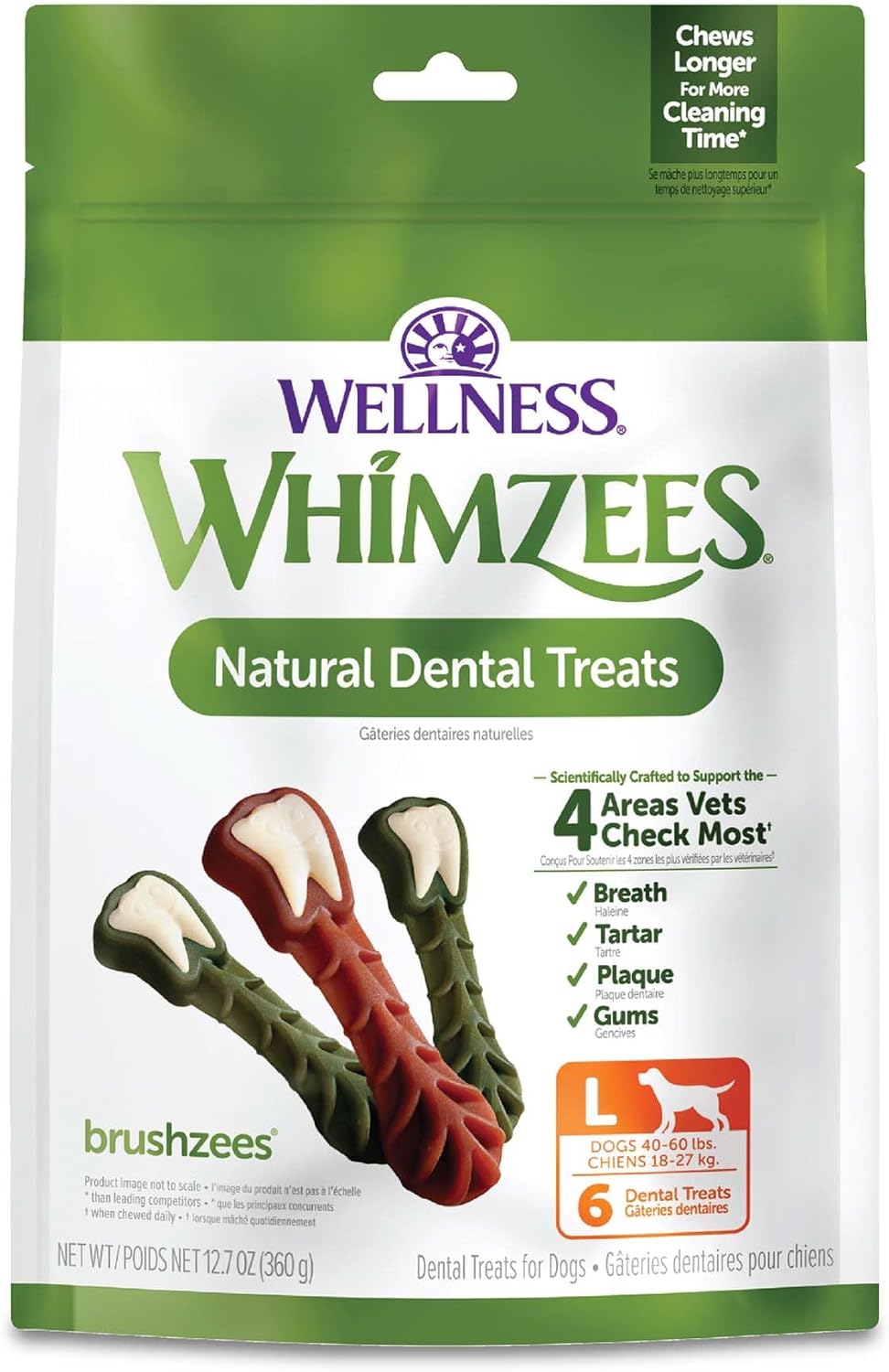 Whimzees Wellness Brushzees Dog Dental Treats, Large Size Stick, (6 Count)