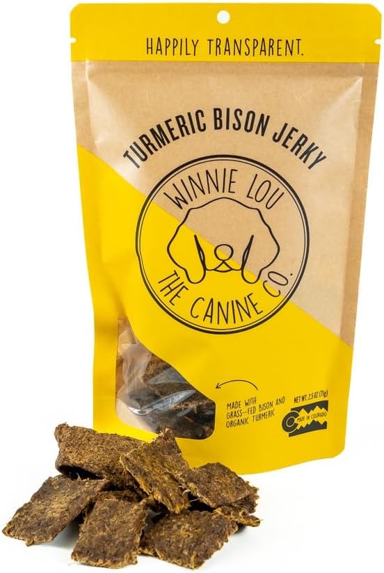 Winnie Lou Turmeric Bison Jerky Dog Treats – Limited Ingredient, Human Grade, Training Treats for Small, Medium & Large Dogs, USA Made, High Protein, Chews, Hypoallergenic, Sensative Stomach (2 Pack)