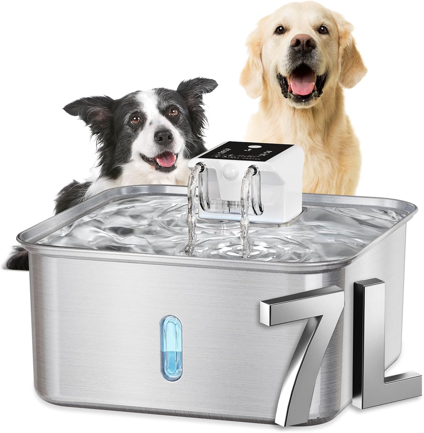Wireless Dog Water Fountain – Dog Water Bowl Dispenser, 7L/236oz Large Capacity Stainless Steel Cat Fountain with Motion Sensor, Auto Water Dispenser for Multi-Pet Home (Square+5 Filters+5 Sponges)