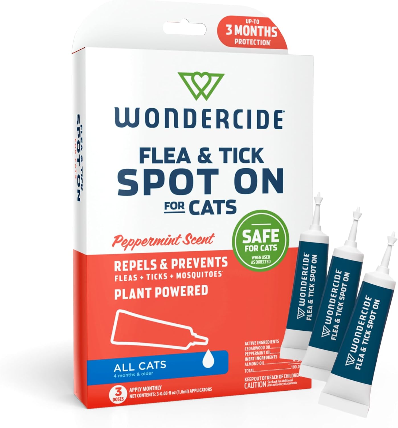 Wondercide – Flea and Tick Cat Spot On – Flea, Tick, and Mosquito Repellent, Prevention for Cats with Natural Essential Oils – Pet and Family Safe Up to 3 Months Protection – 3 Tubes of 0.03 oz