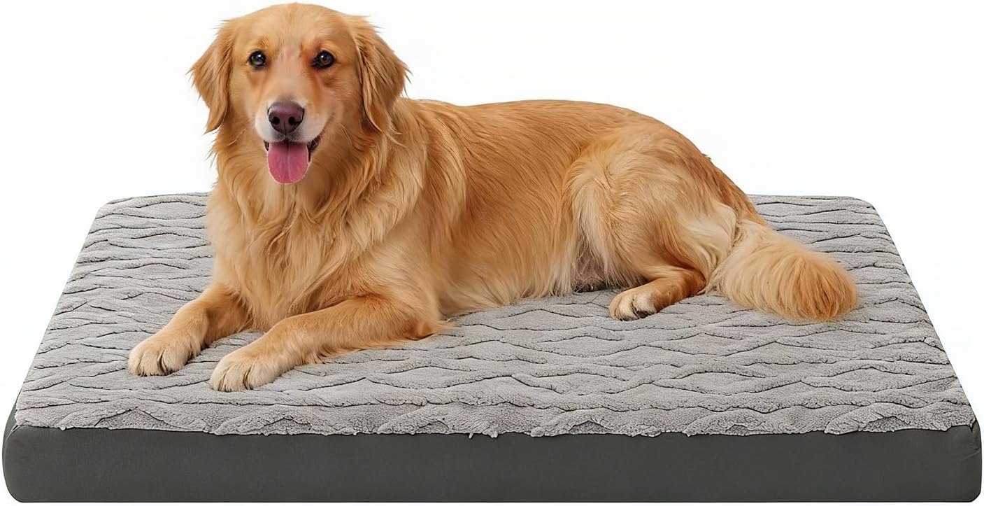 XXL Dog Crate Bed – Soft Fluffy Memory Foam Dog Bed with Anti-Slip Bottom, Machine Washable Pet Bed for Extra Large Dogs (47″x29″x4″, Grey)
