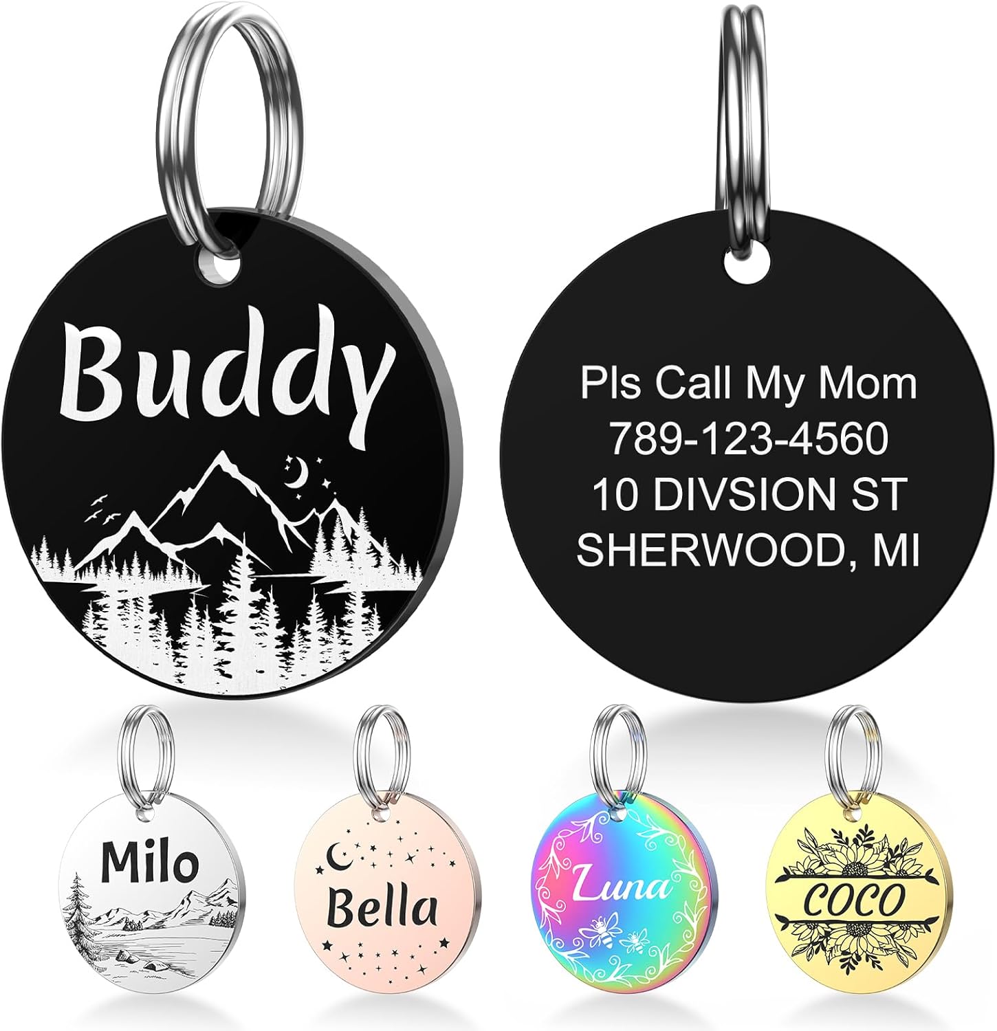 YEHANTI Dog Tags Personalized for Pets with Name Pattern Art Design – Engraved with Laser – Stainless Steel Cats Dogs ID Tags – Stylish Dog Collar Accessories (Round)