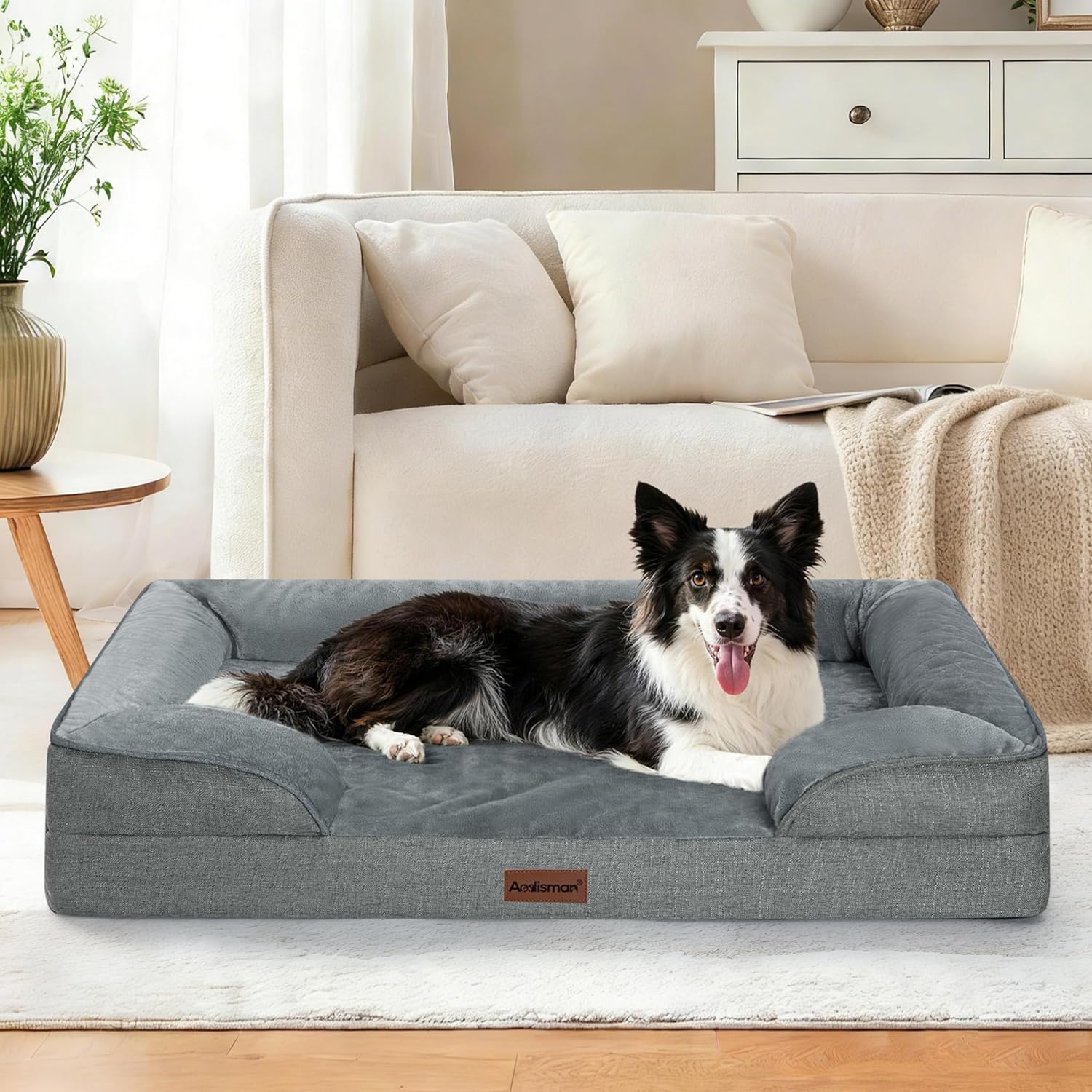 aodisman Orthopedic Dog Beds for Large Sized Dogs, Waterproof Memory Foam Big Size Pet Bed with Sides,Comfort Thick Egg-Crate Foam,Dog Couch Bed,Washable Cover & Non-Slip Bottom,Grey