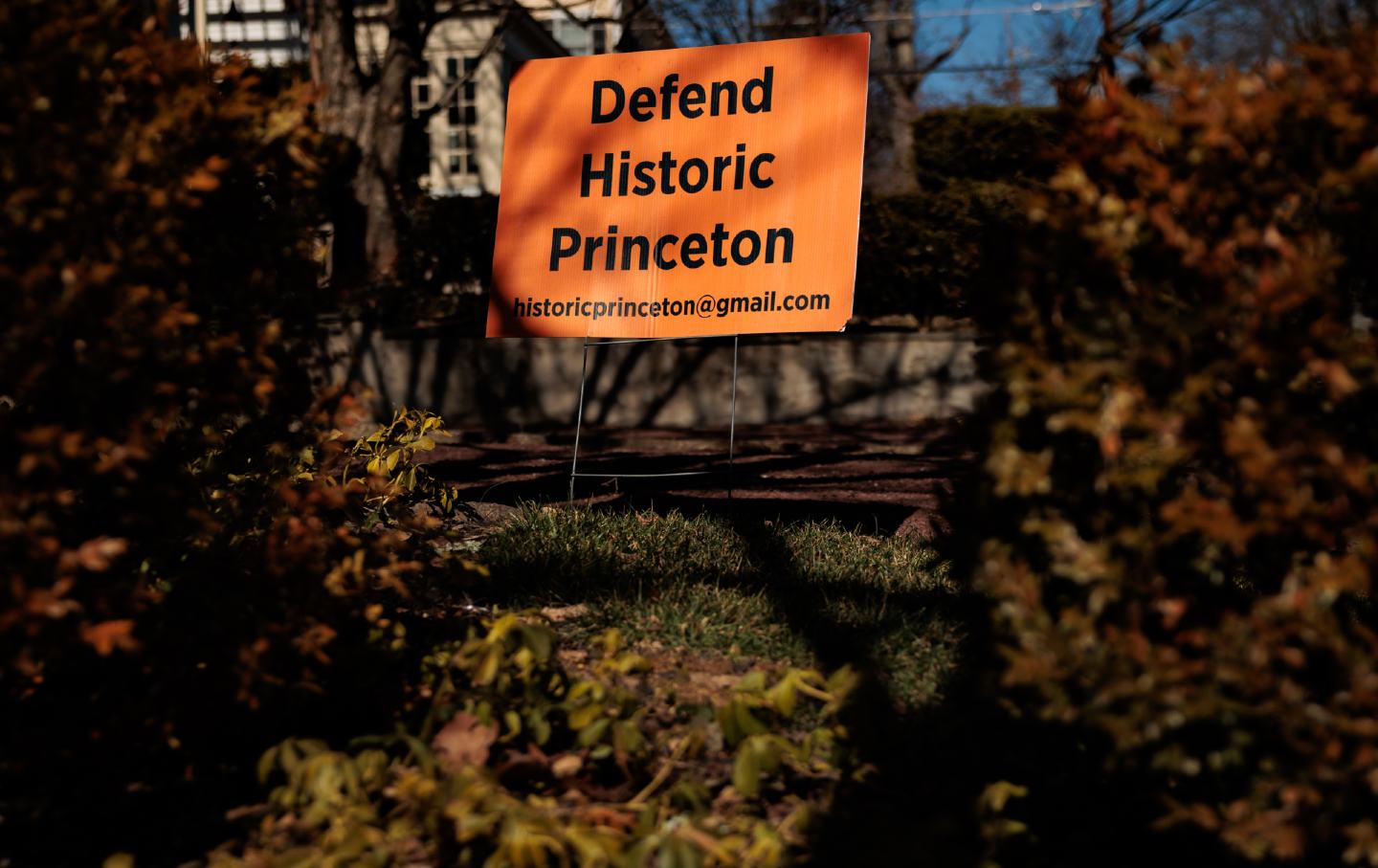 Signage reading “Defend Historic Princeton” across the street from Albert Einstein’s House in Princeton, New Jersey, on March 9, 2026.