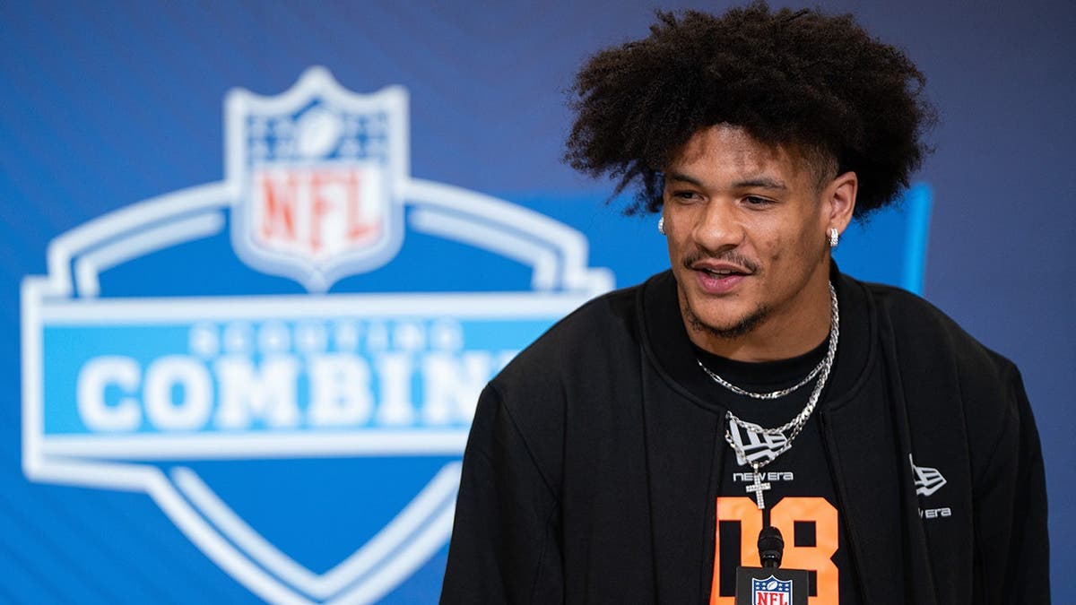 Washington wideout Denzel Boston speaking to media at NFL Combine in Indianapolis