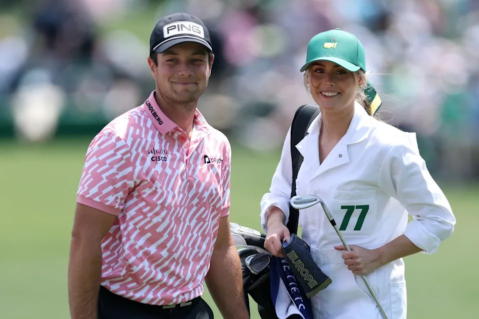 Viktor Hovland and his girlfriend during the Par 3 Contest prior to the 2026 Masters Tournament at Augusta National Golf Club on April 8, 2026 in Augusta, Georgia. Getty Images