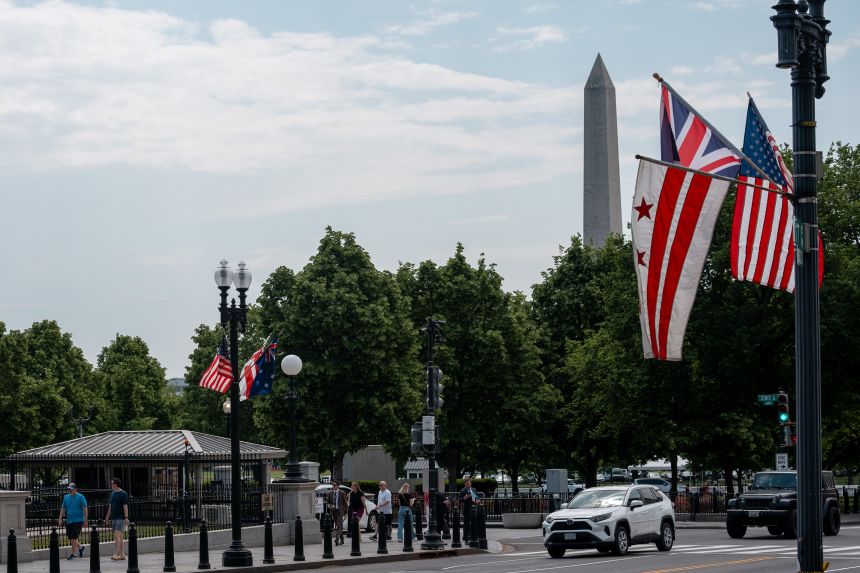 The Union Jack flag hangs along 17th Street next to the White House on Friday in Washington, DC.