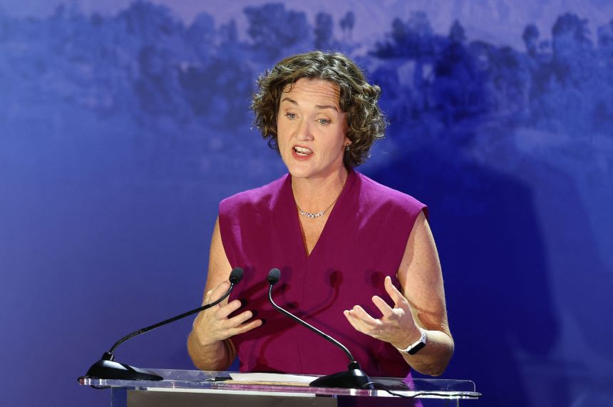 Former Democratic US Representative Katie Porter participates in a California gubernatorial debate at Bridges Auditorium on the campus of Pomona College in Claremont, California, on April 28.