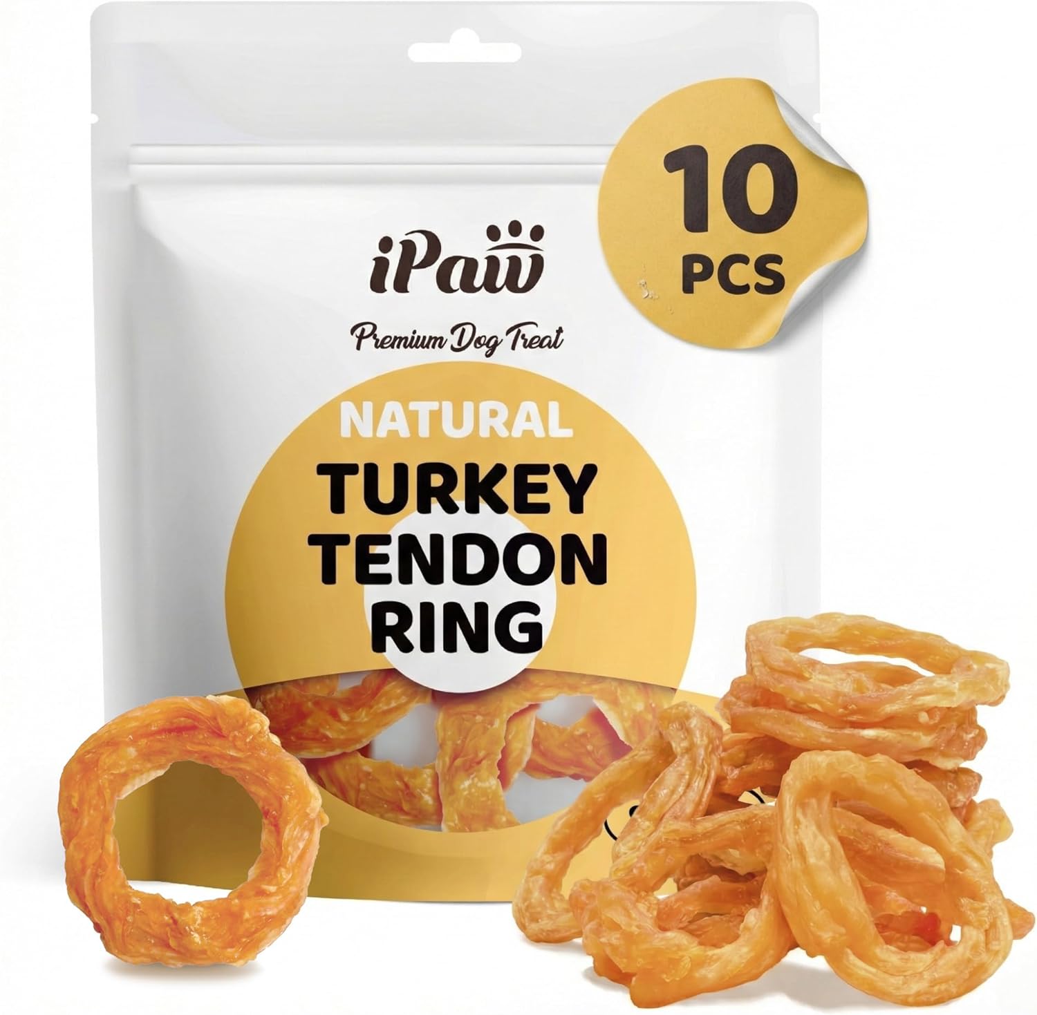 iPaw 10 Pcs Value Pack Turkey Tendons for Dogs, Single Protein, Hypoallergenic, All Natural Human Grade Puppy Chew, Rawhide Alternative Dog Treats, Ring (Small)