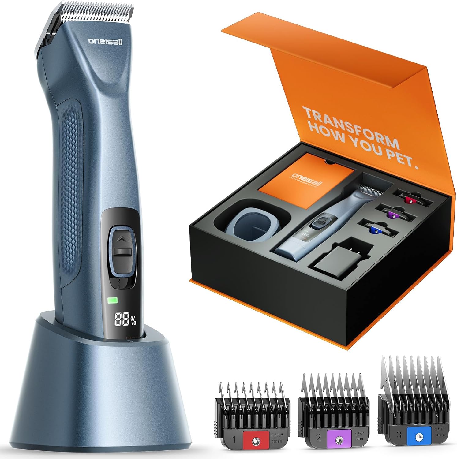 oneisall Professional Dog Grooming Clippers, Cordless Professional Dog Clippers for Grooming, 2-Speed Heavy Duty Clippers for Thick Curly Matted Coats, A5 Blade, Detachable Batteries, Metal Combs