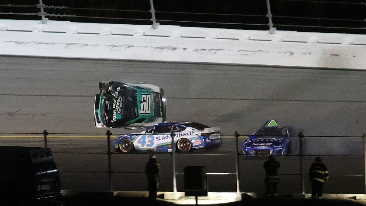 NASCAR driver Ryan Preece airborne in flipped car during Daytona 500 race