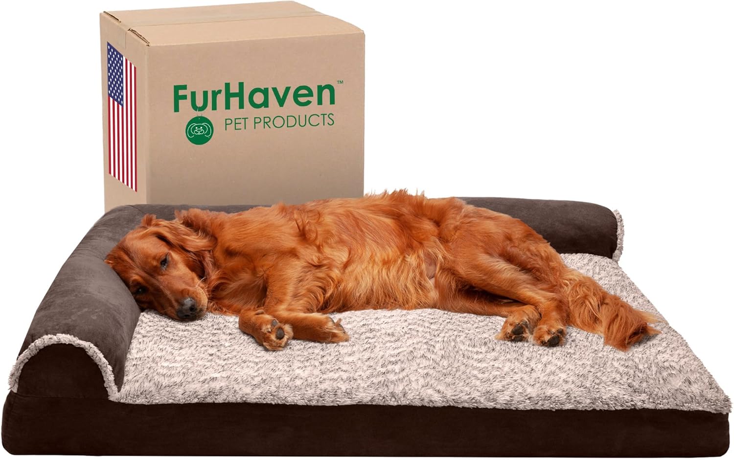 Furhaven Memory Foam Dog Bed for Large Dogs w/ Removable Bolsters & Washable Cover, For Dogs Up to 95 lbs – Two-Tone Plush Faux Fur & Suede L Shaped Chaise – Espresso, Jumbo/XL