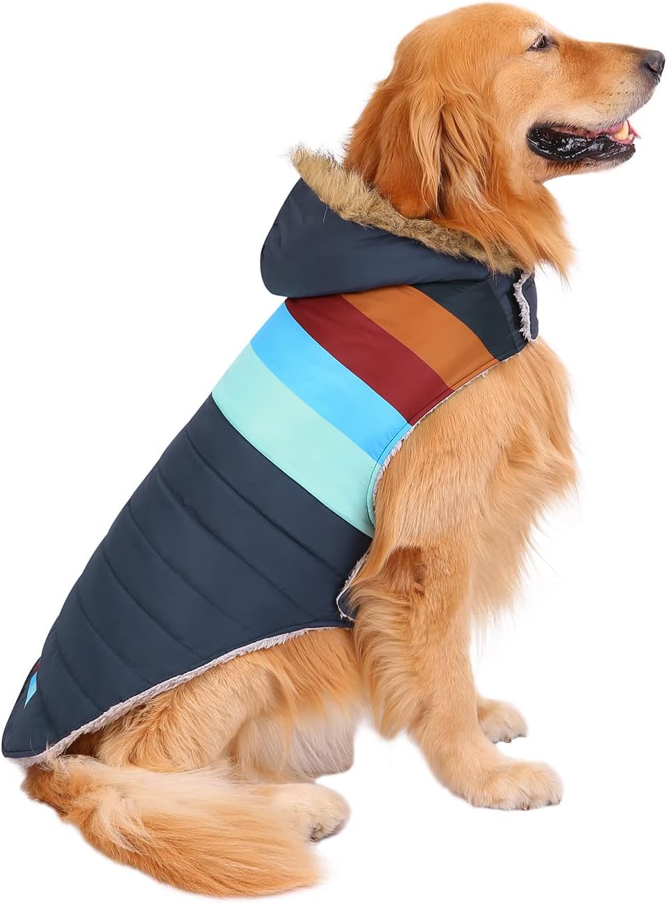 HDE Dog Puffer Jacket Fleece Lined Warm Dog Parka Winter Coat with Harness Hole Navy Retro Stripe – L
