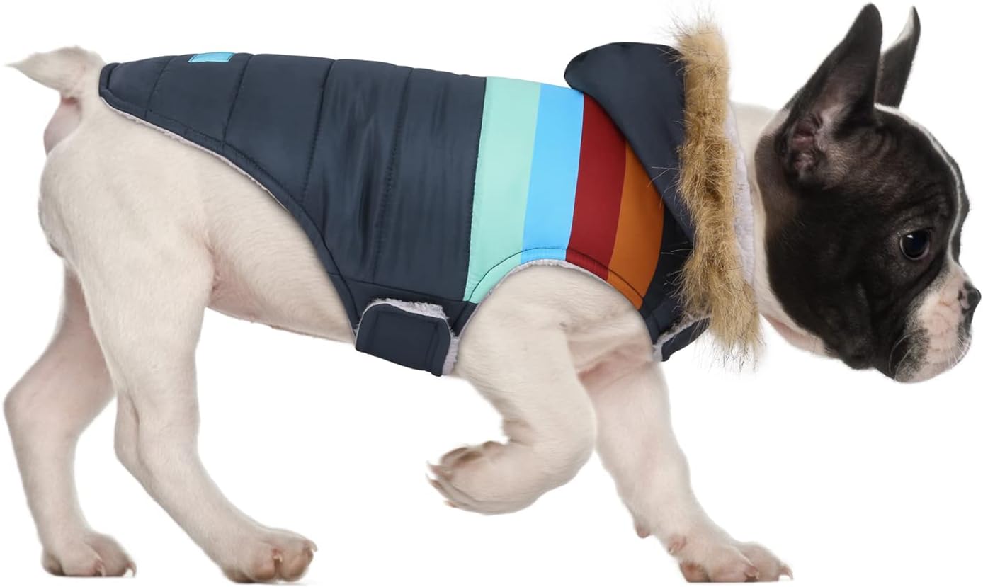 HDE Dog Puffer Jacket Fleece Lined Warm Dog Parka Winter Coat with Harness Hole Navy Retro Stripe – M